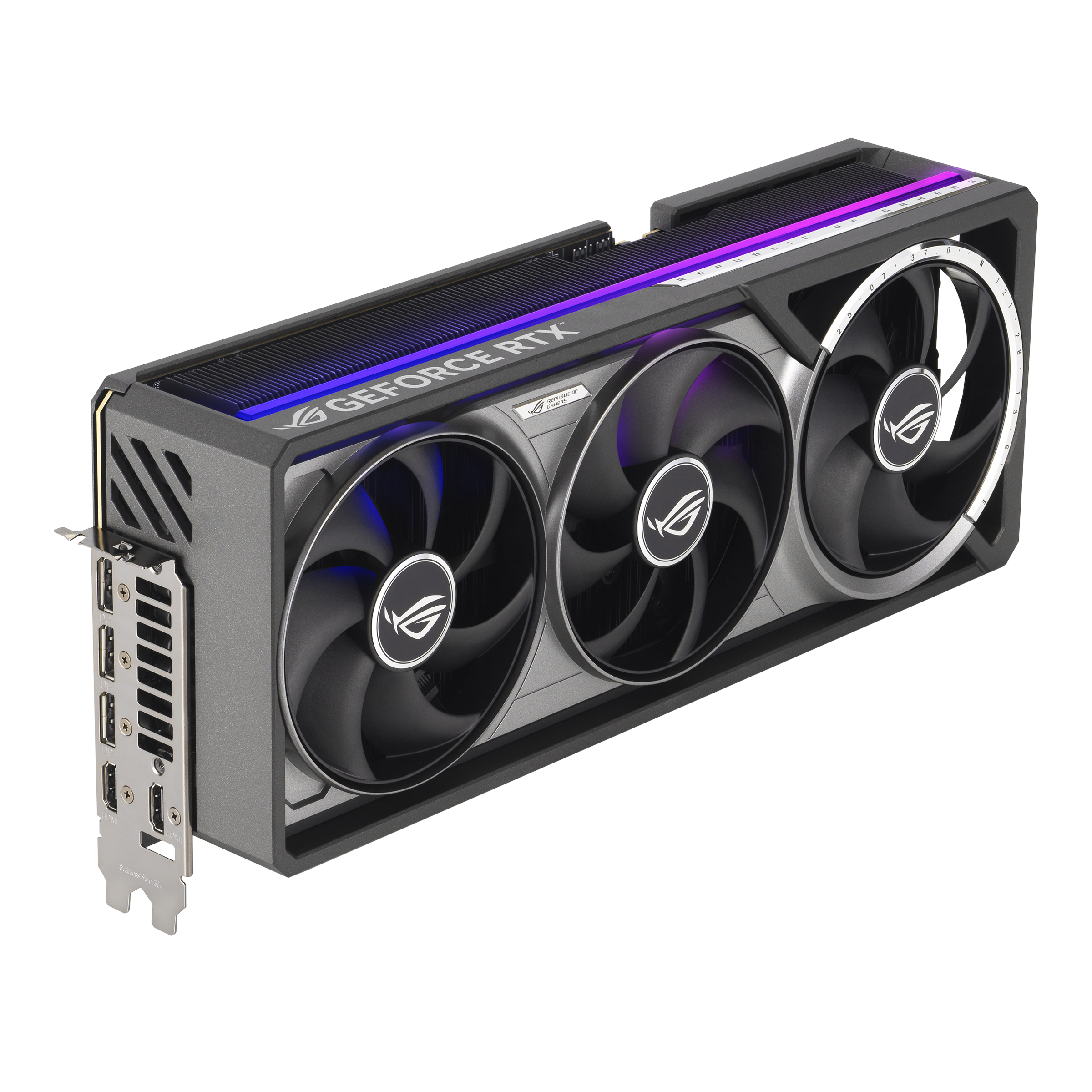 Eine grau-schwarze ROG GeForce RTX Grafikkarte. Sie hat drei Lüfter, das ROG-Logo und die Worte GEFORCE RTX.