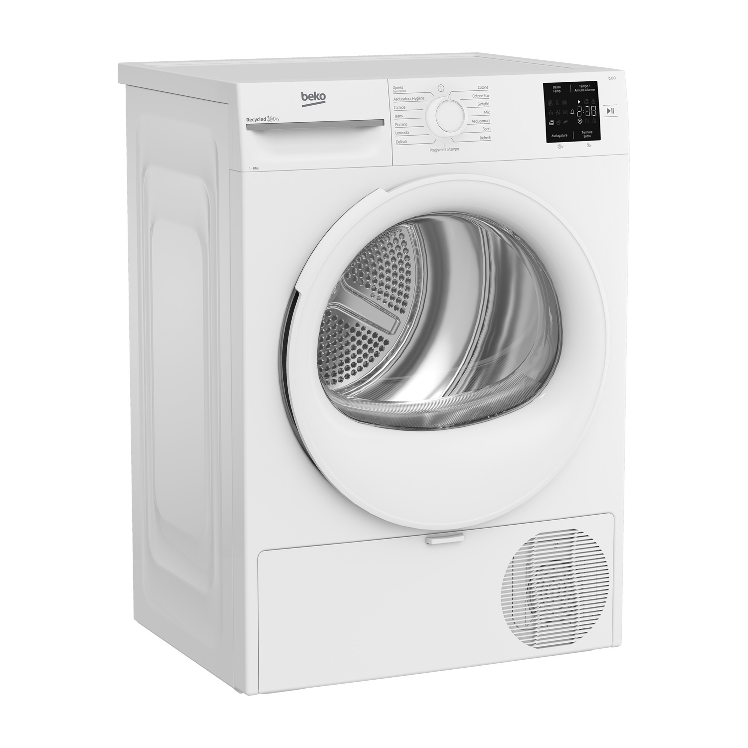 Un'asciugatrice Beko bianca con porta rotonda e pannello comandi. Programmi includono cotone, jeans e delicati. Display digitale mostra tempo.