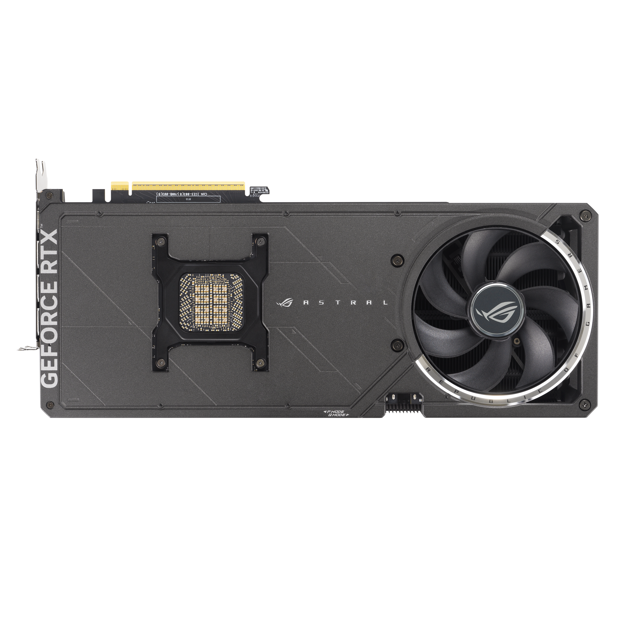 Eine Computergrafikkarte, grau mit Lüfter, RTX- und GeForce-Text. Ein ROG-Logo befindet sich auf dem Lüfter.