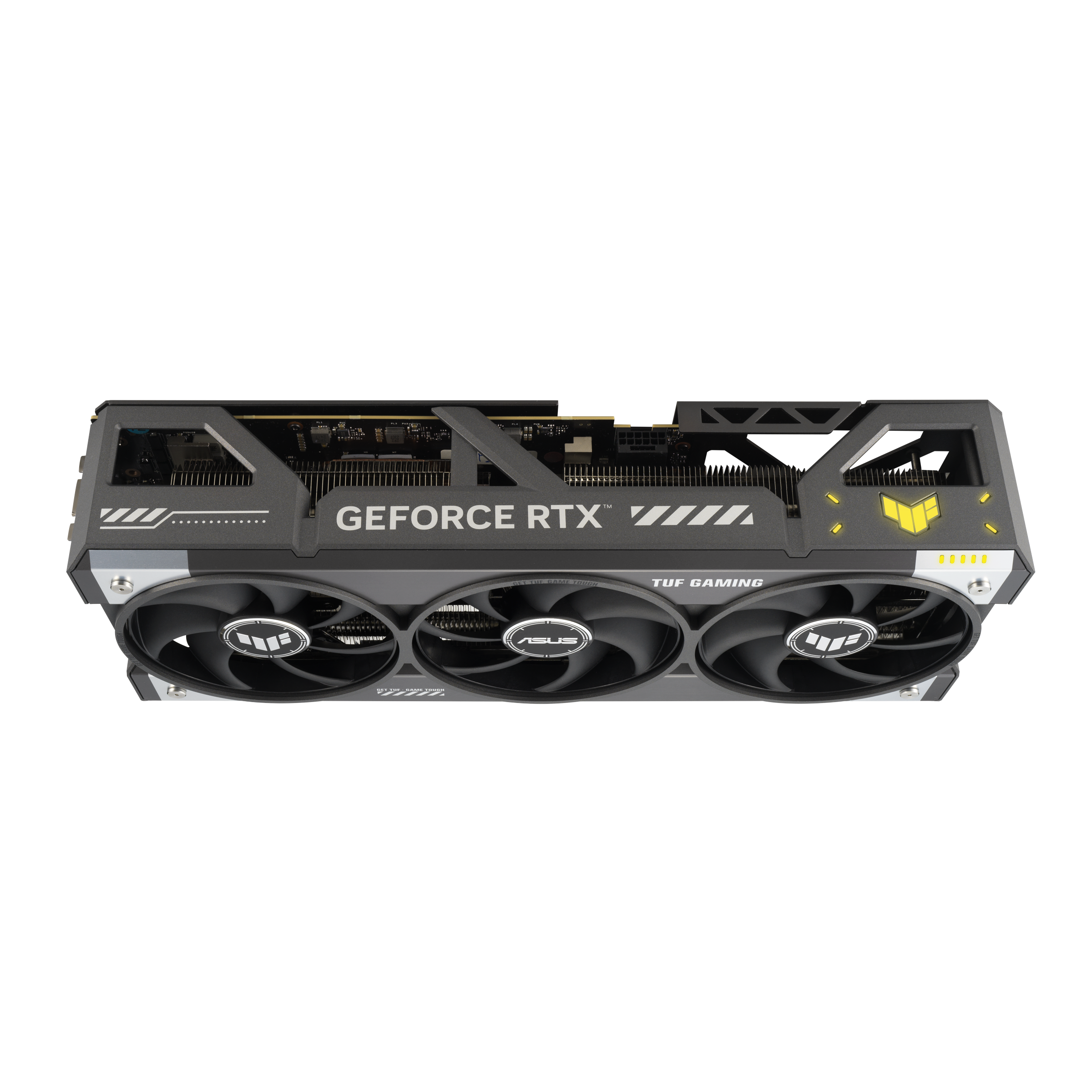Eine schwarz-graue Grafikkarte mit drei Lüftern, die Wörter 'GEFORCE RTX' und 'TUF GAMING' sind sichtbar.