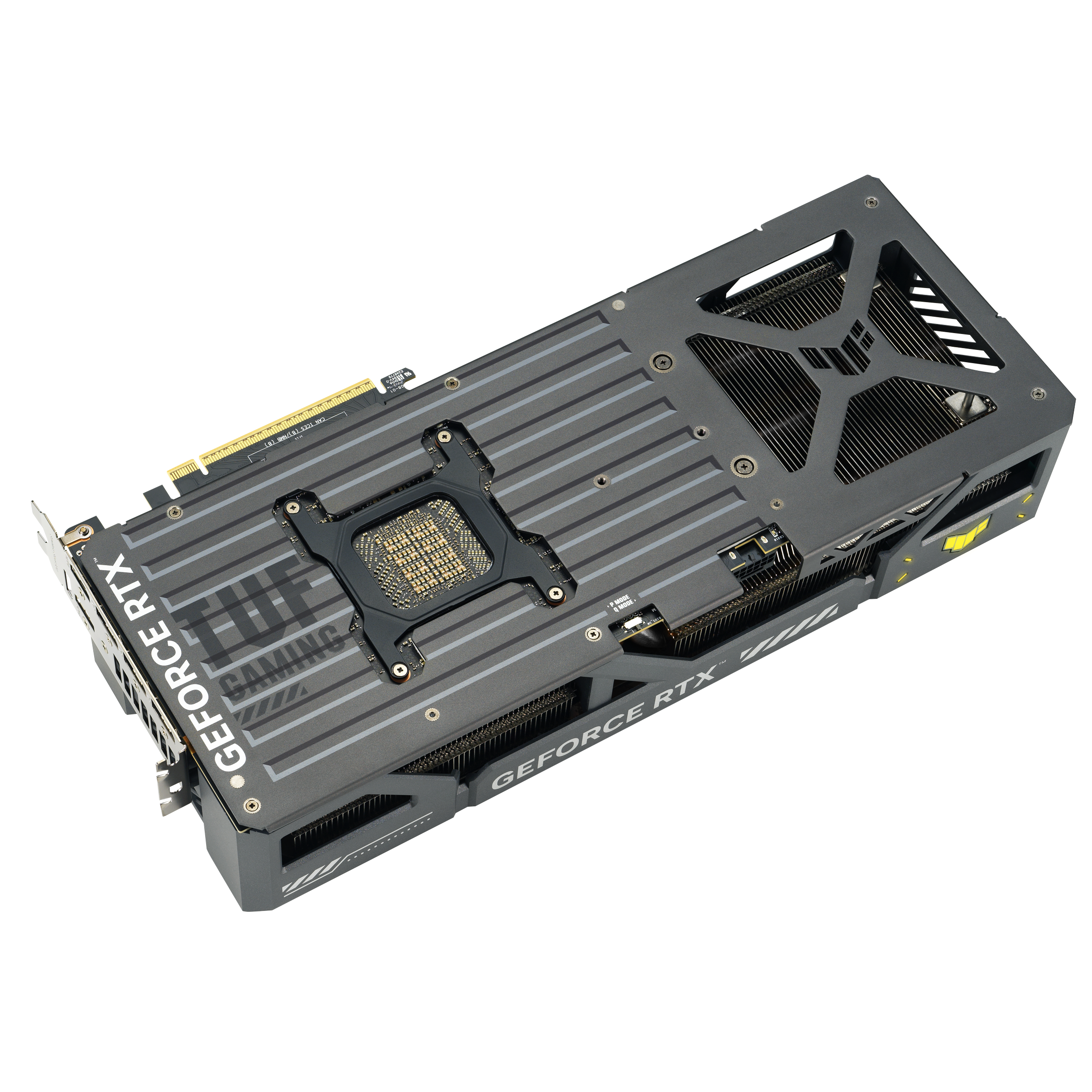 Eine schwarz-graue Grafikkarte auf weißem Grund. Es trägt die Aufschrift GEFORCE RTX und Tuf Gaming.