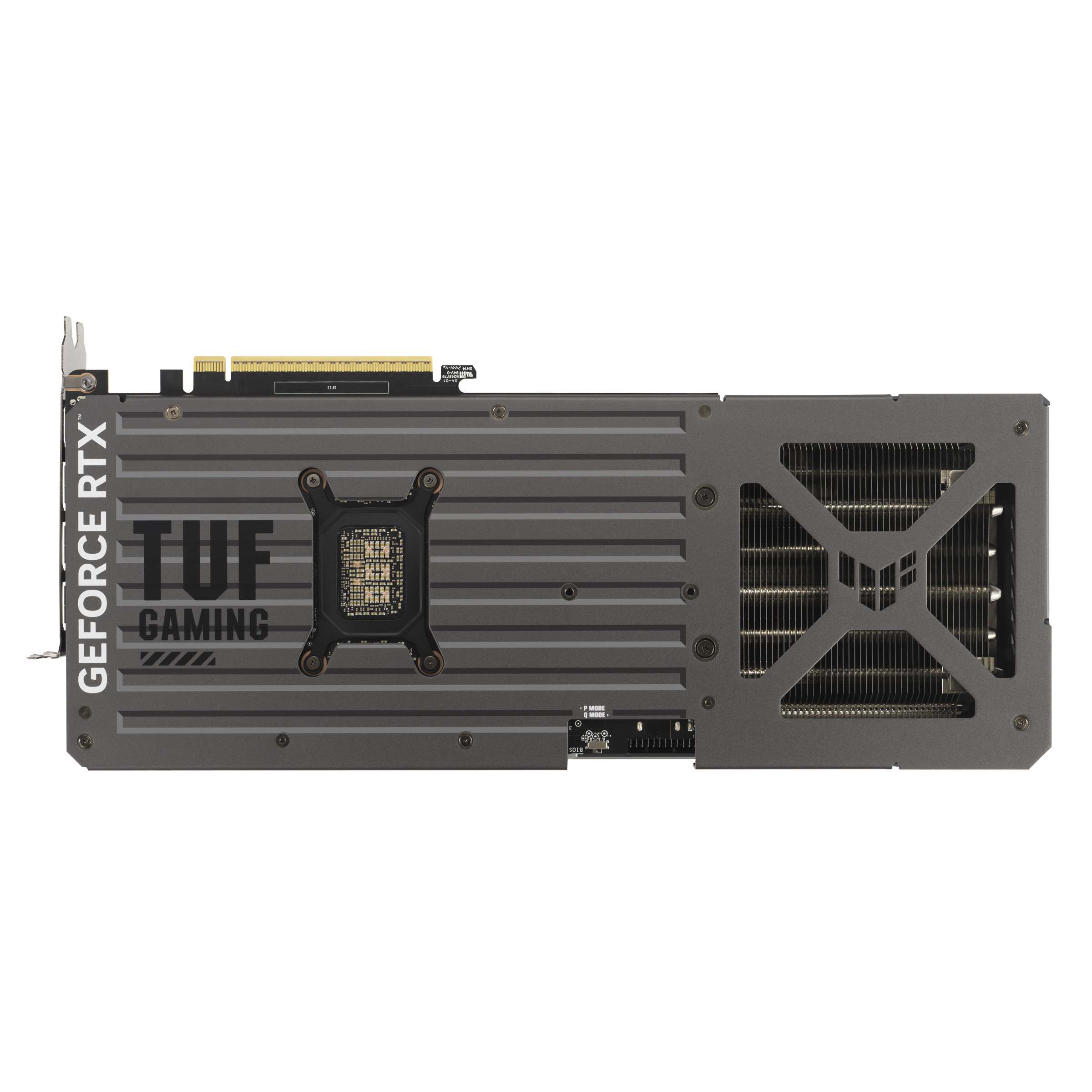 Eine grau-schwarze NVIDIA GeForce RTX TUF Gaming Grafikkarte wird vor weißem Hintergrund gezeigt.
