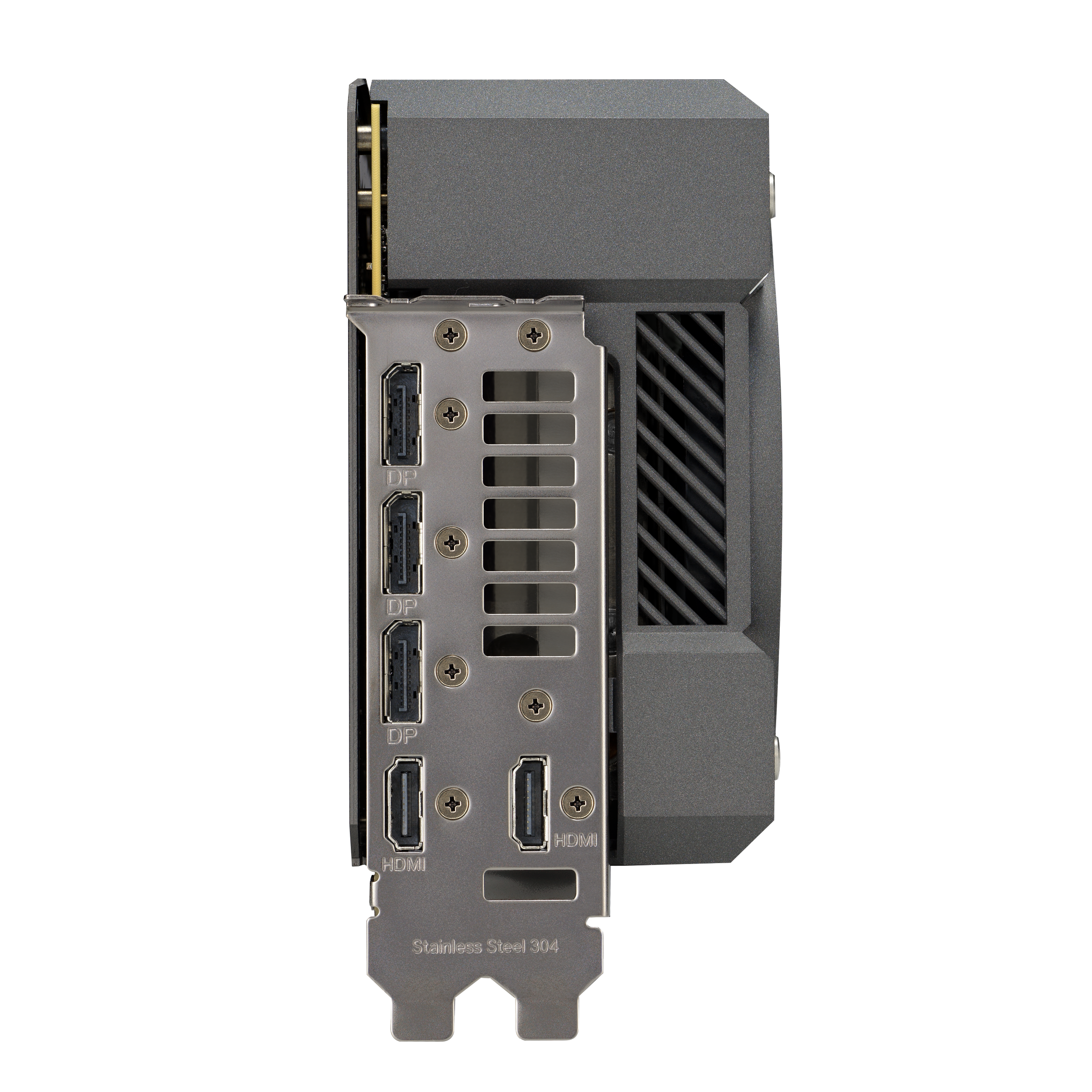Seitenansicht einer GPU-Karte. Sie hat Anschlüsse für DP und HDMI. Die Karte ist grau und schwarz.