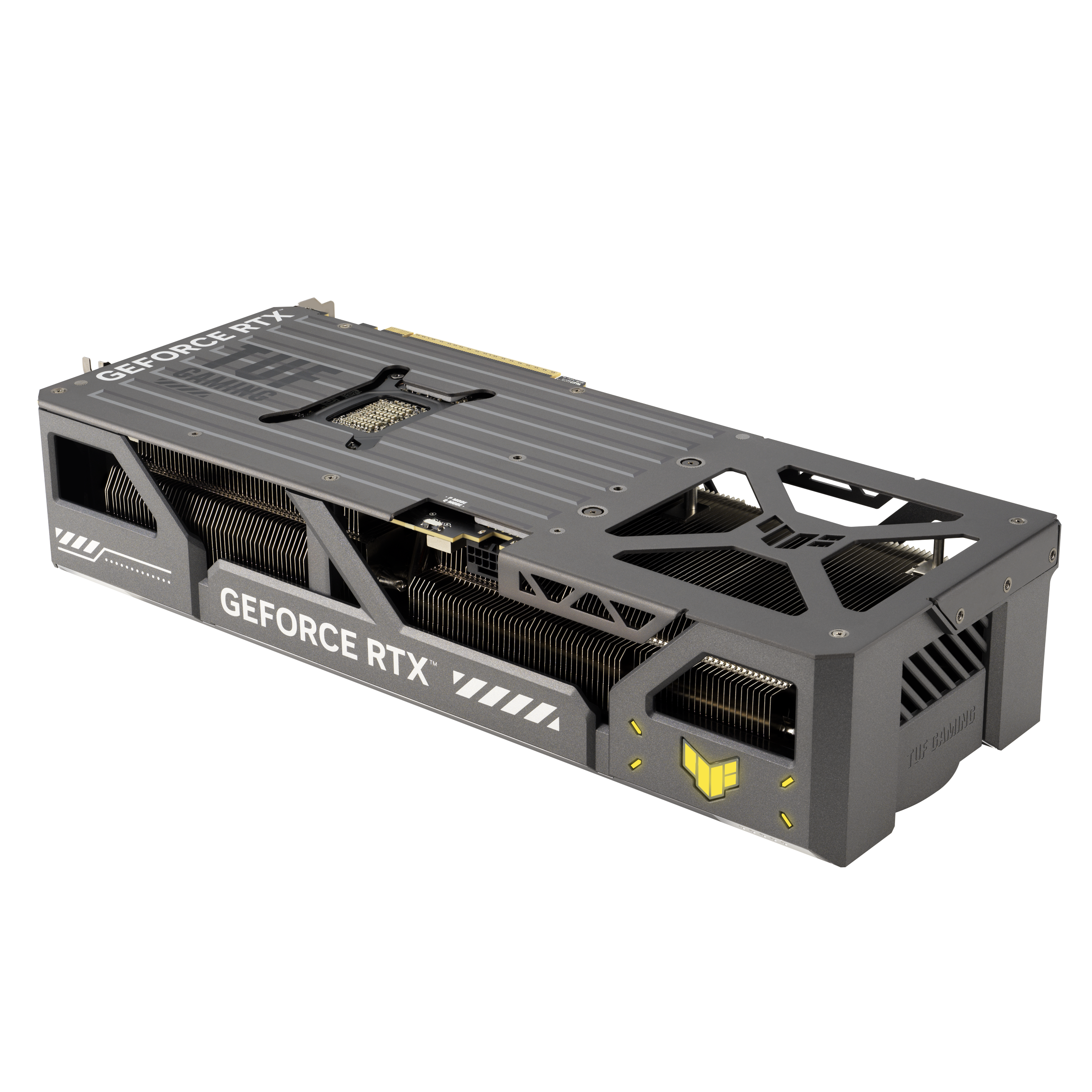 Eine grau-schwarze GeForce RTX TUF Gaming Grafikkarte auf weißem Untergrund, mit gelben Akzenten.