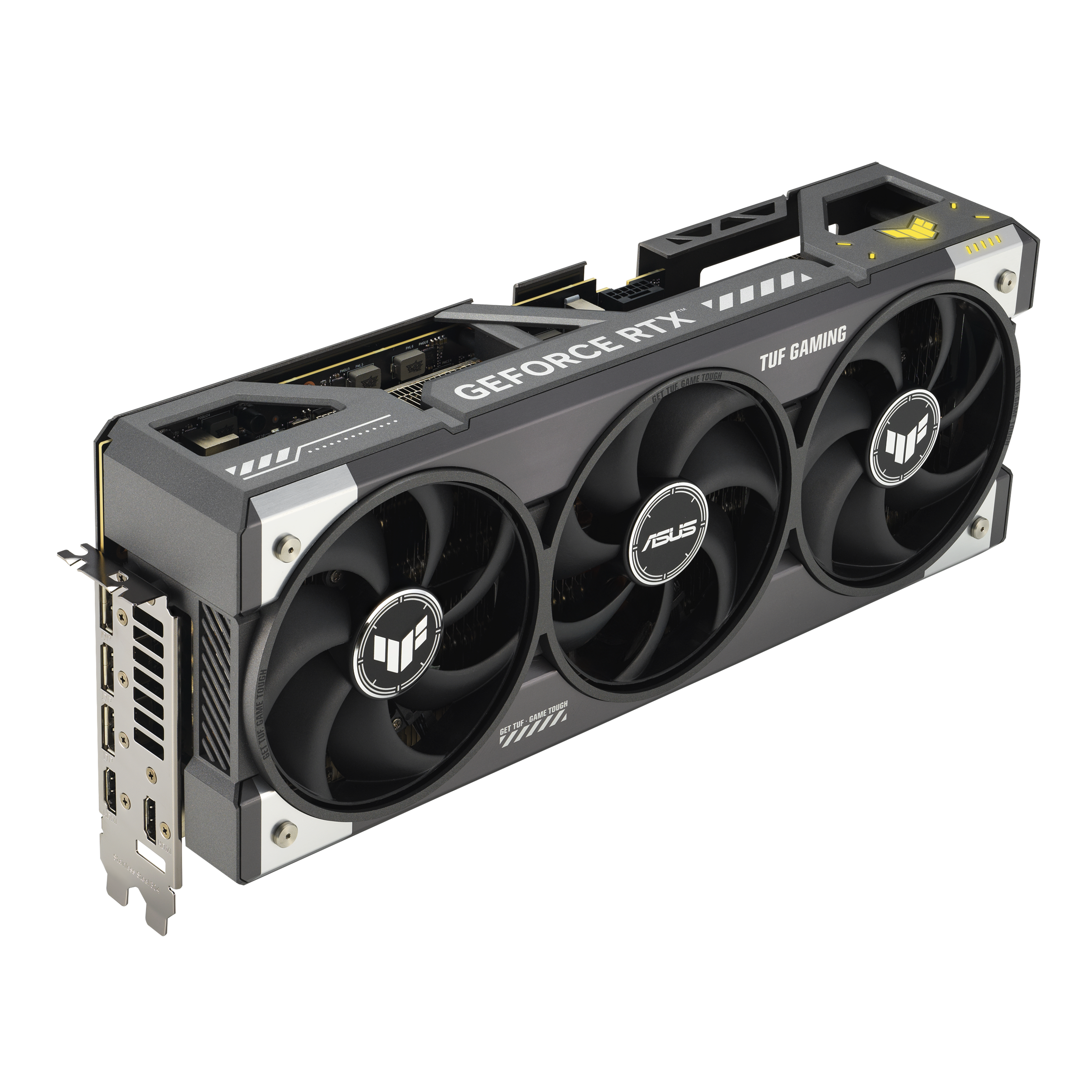 Eine schwarze und graue ASUS GeForce RTX-Grafikkarte mit drei Lüftern. Der Hintergrund ist weiß.