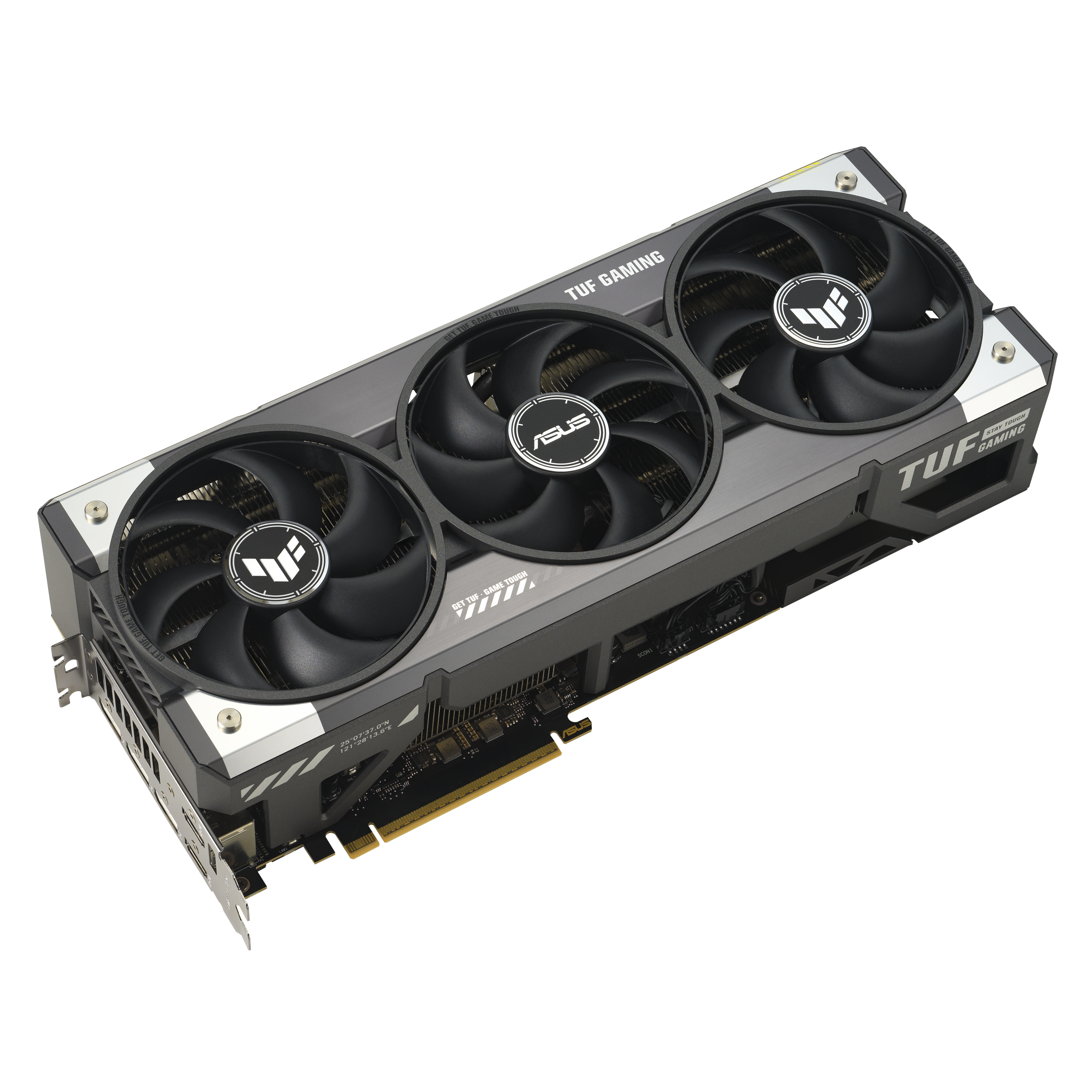 Eine Grafikkarte mit drei Lüftern. Sie ist schwarz und grau, mit ASUS- und TUF GAMING-Logos, auf weißem Untergrund.