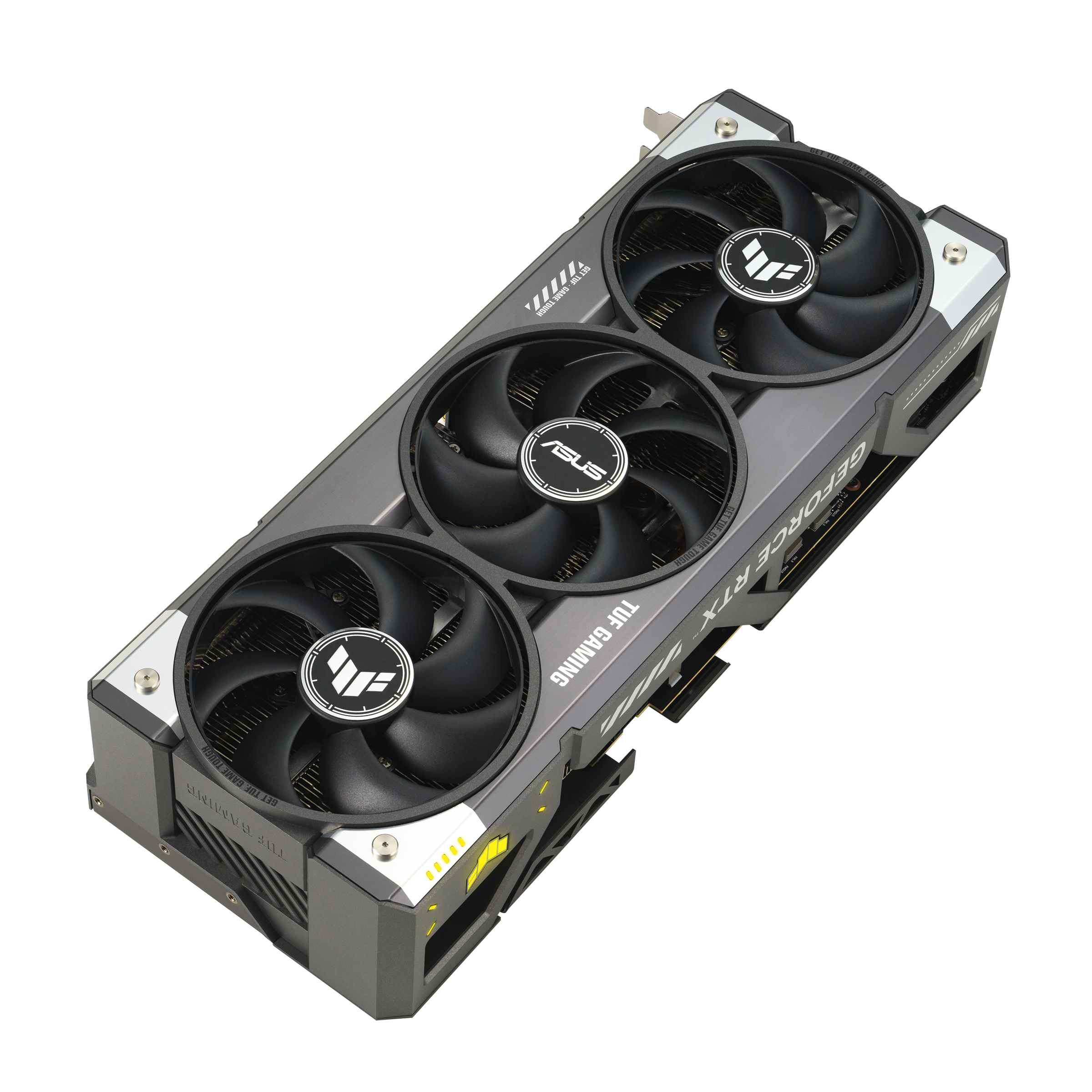 Eine graue und schwarze ASUS TUF Gaming GeForce RTX Grafikkarte mit drei Lüftern und Branding.