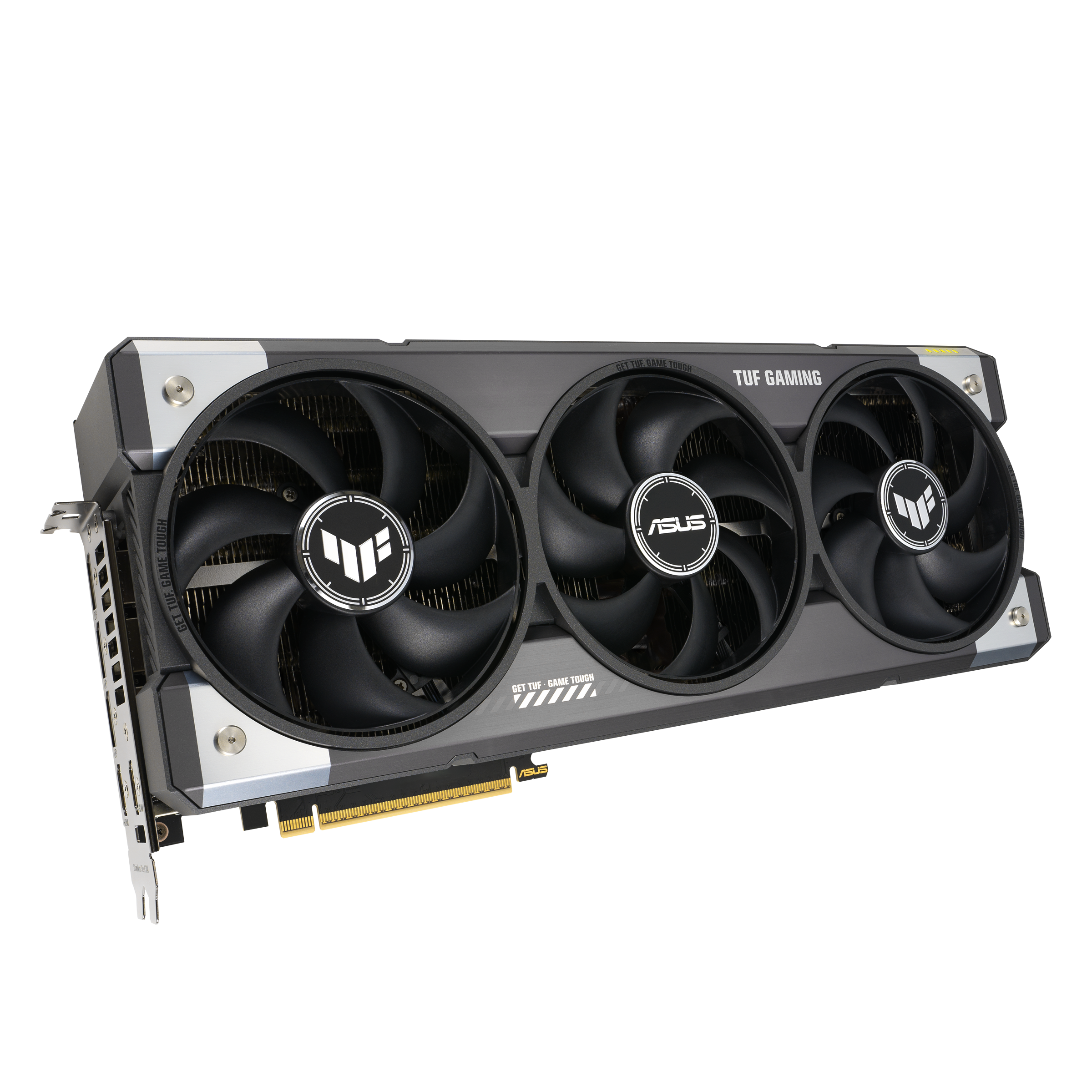 Eine schwarz-graue ASUS TUF Gaming Grafikkarte mit drei Lüftern auf weißem Hintergrund.