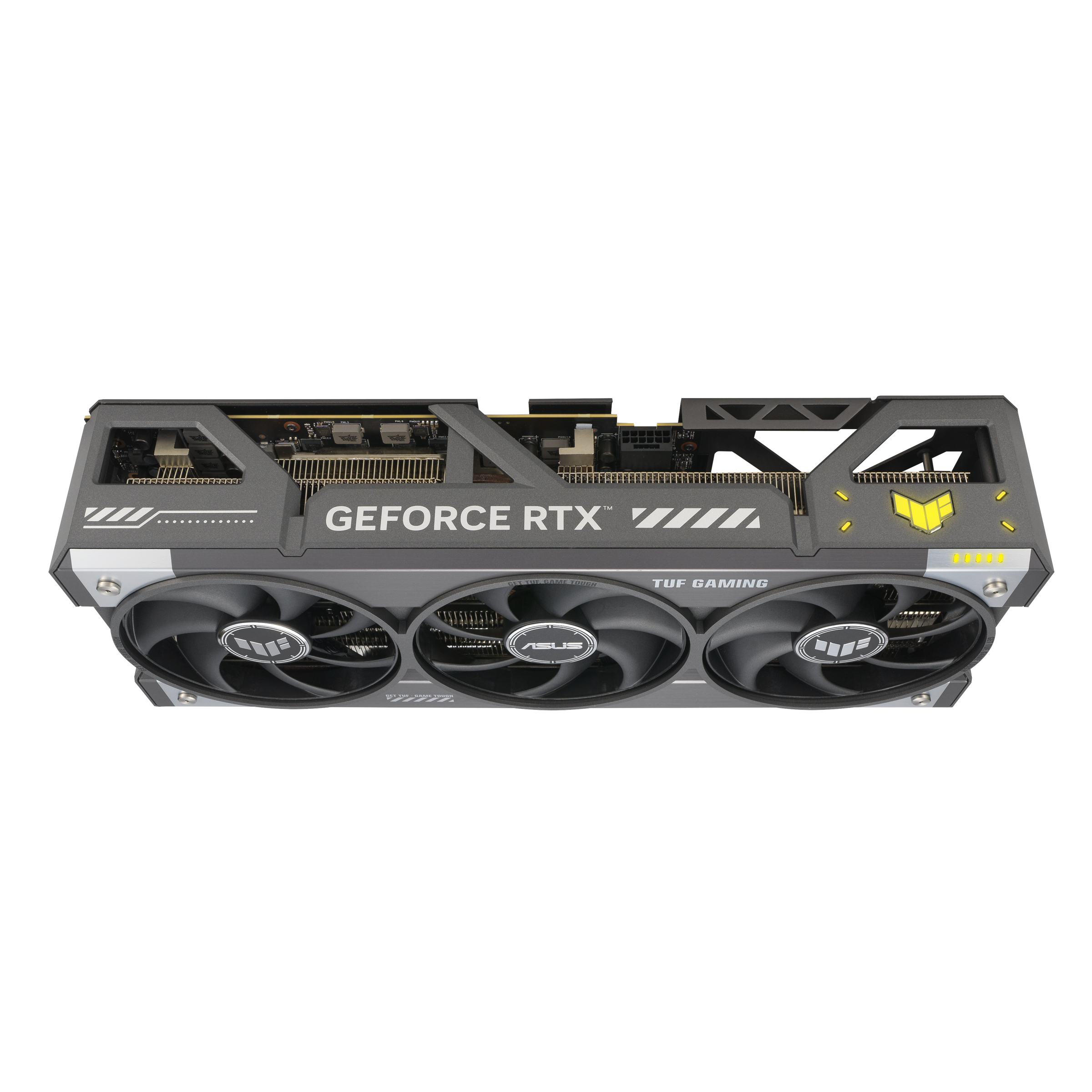 Eine Grafikkarte mit drei Lüftern. Die Karte ist schwarz und grau, mit den Worten 'GEFORCE RTX'.