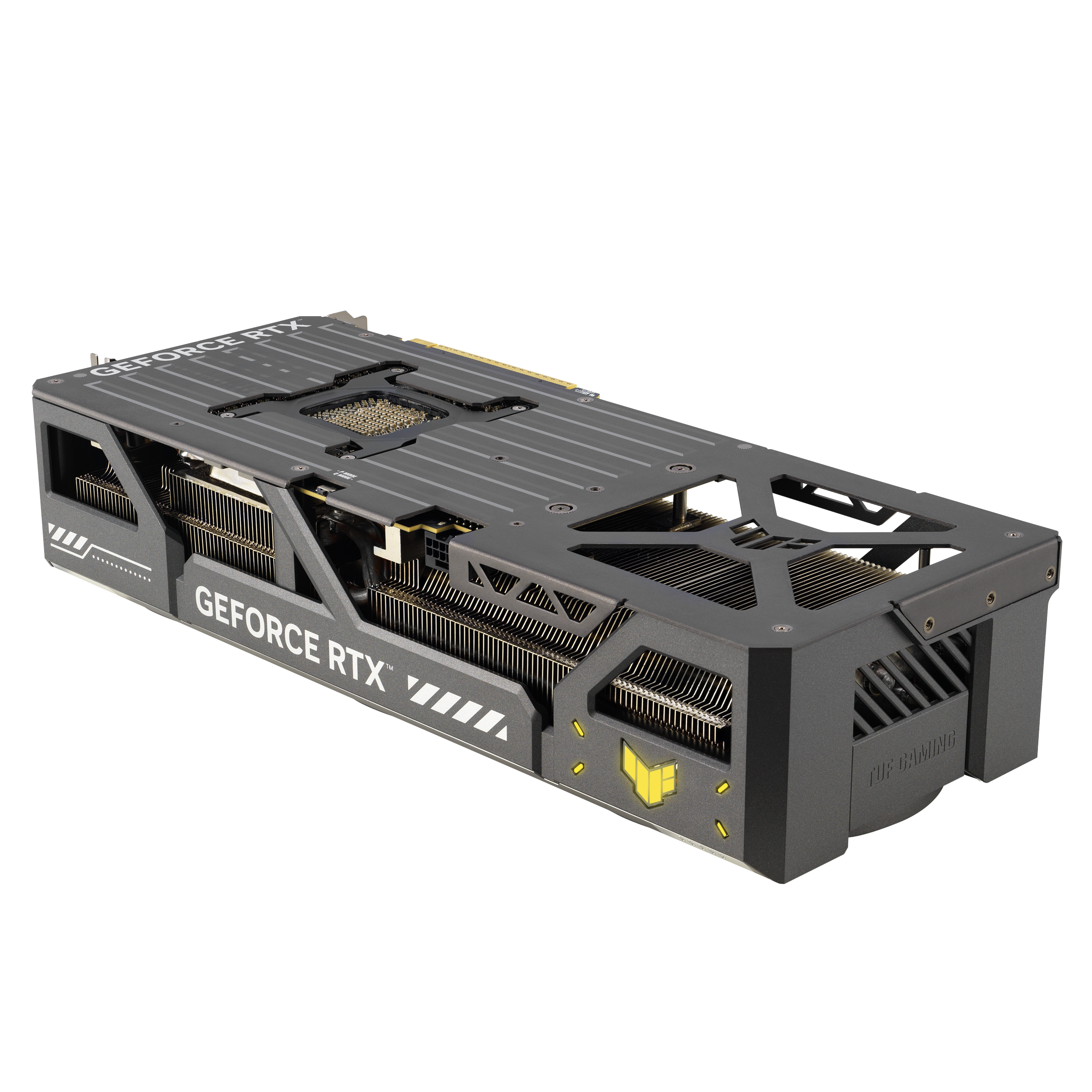 Eine schwarze und graue Grafikkarte, beschriftet mit GEFORCE RTX, liegt auf einer weißen Oberfläche. Die Karte hat einen gelben Akzent.