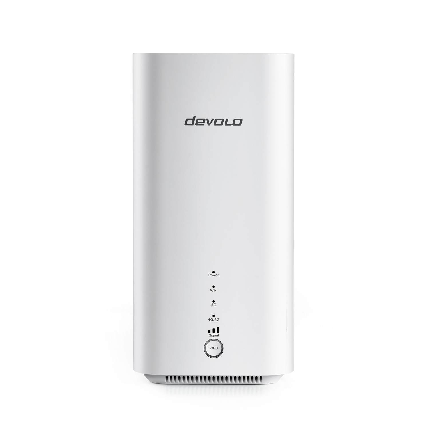 Un routeur Devolo blanc sur fond blanc. Il dispose d'indicateurs d'alimentation, WiFi, 5G, 4G/3G et signal. Il y a un bouton WPS.