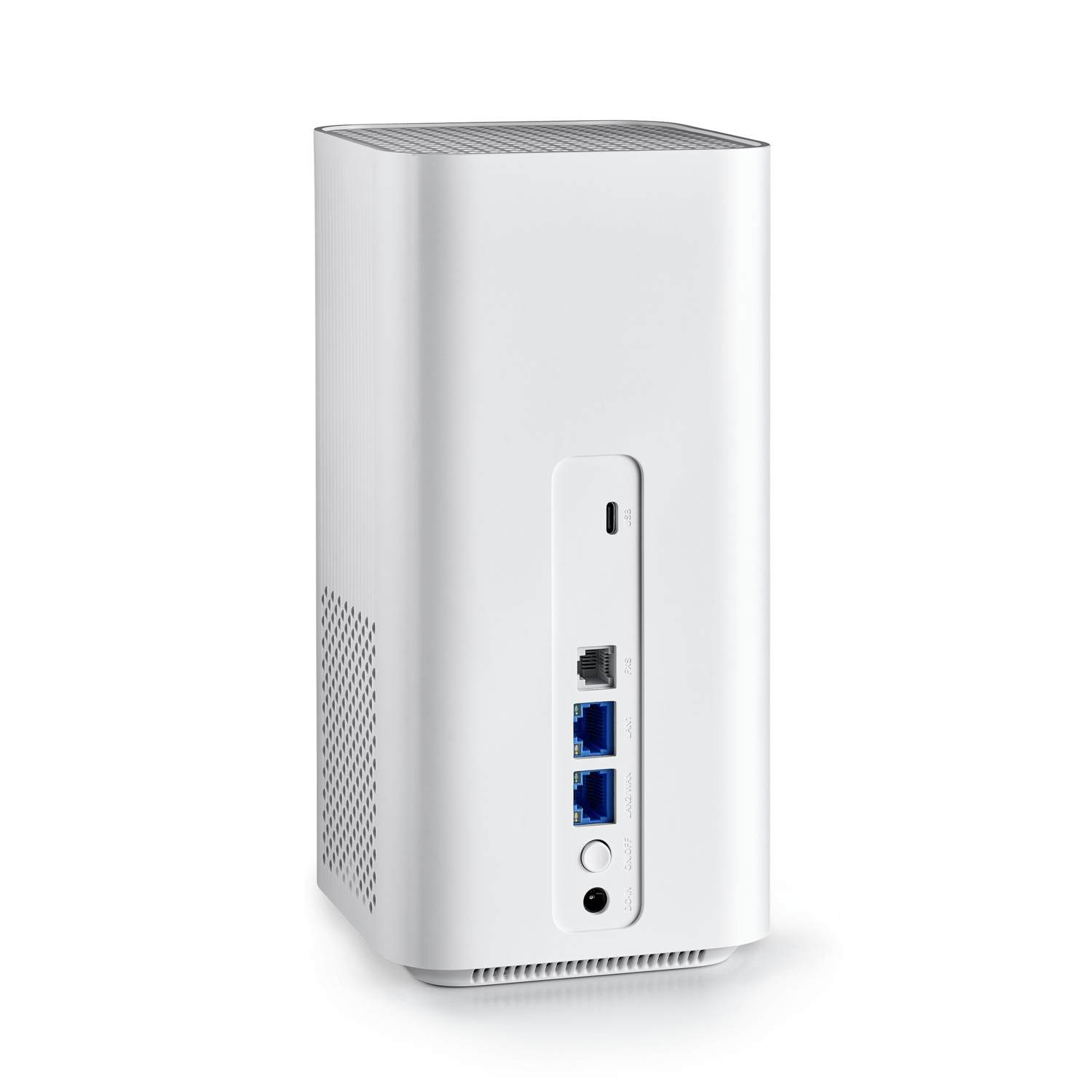 Routeur blanc avec plusieurs ports et évents. Les ports incluent LAN, WAN et DCIN. Bouton d'alimentation et de réinitialisation visibles.