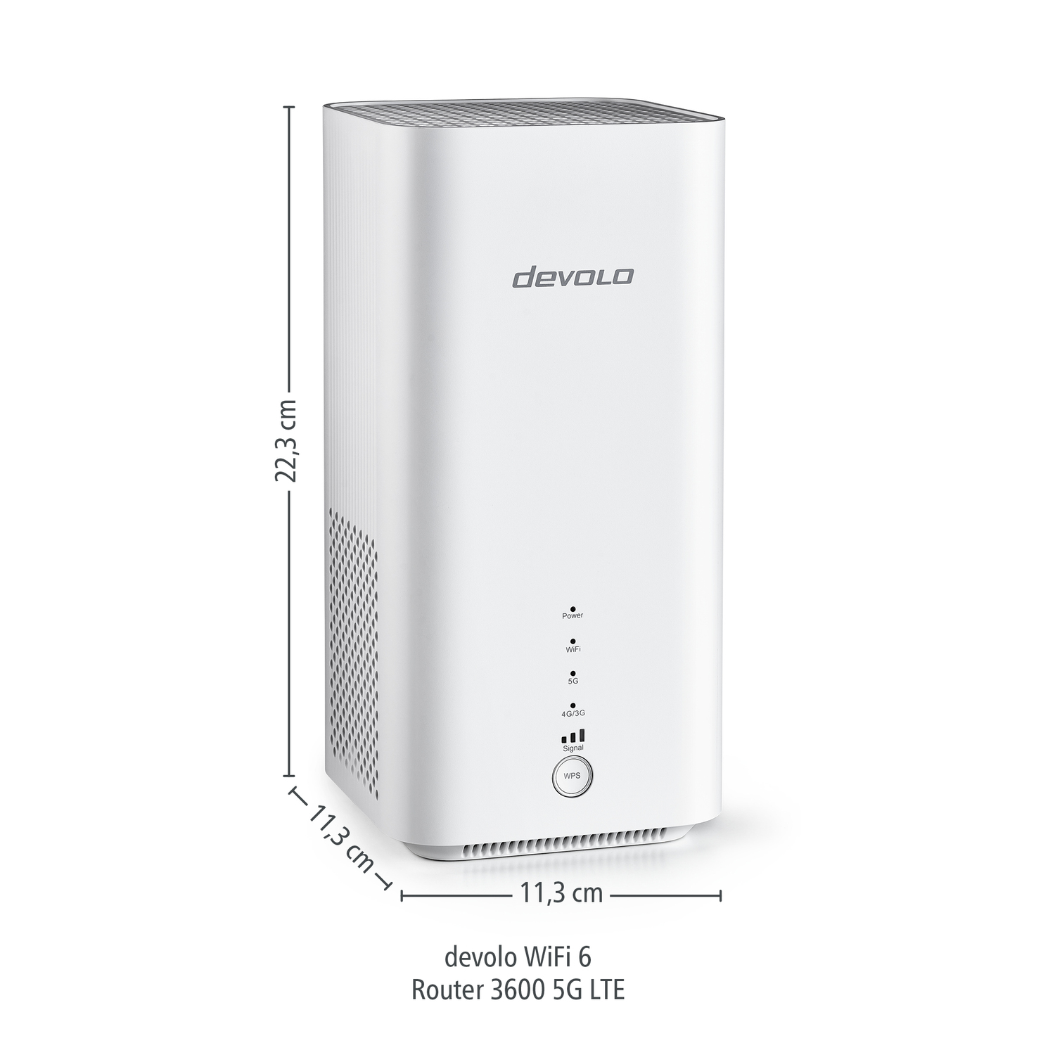 Un routeur devolo WiFi 6 blanc, avec dimensions. Il possède des voyants et un bouton WPS. Le modèle est 3600 5G LTE.