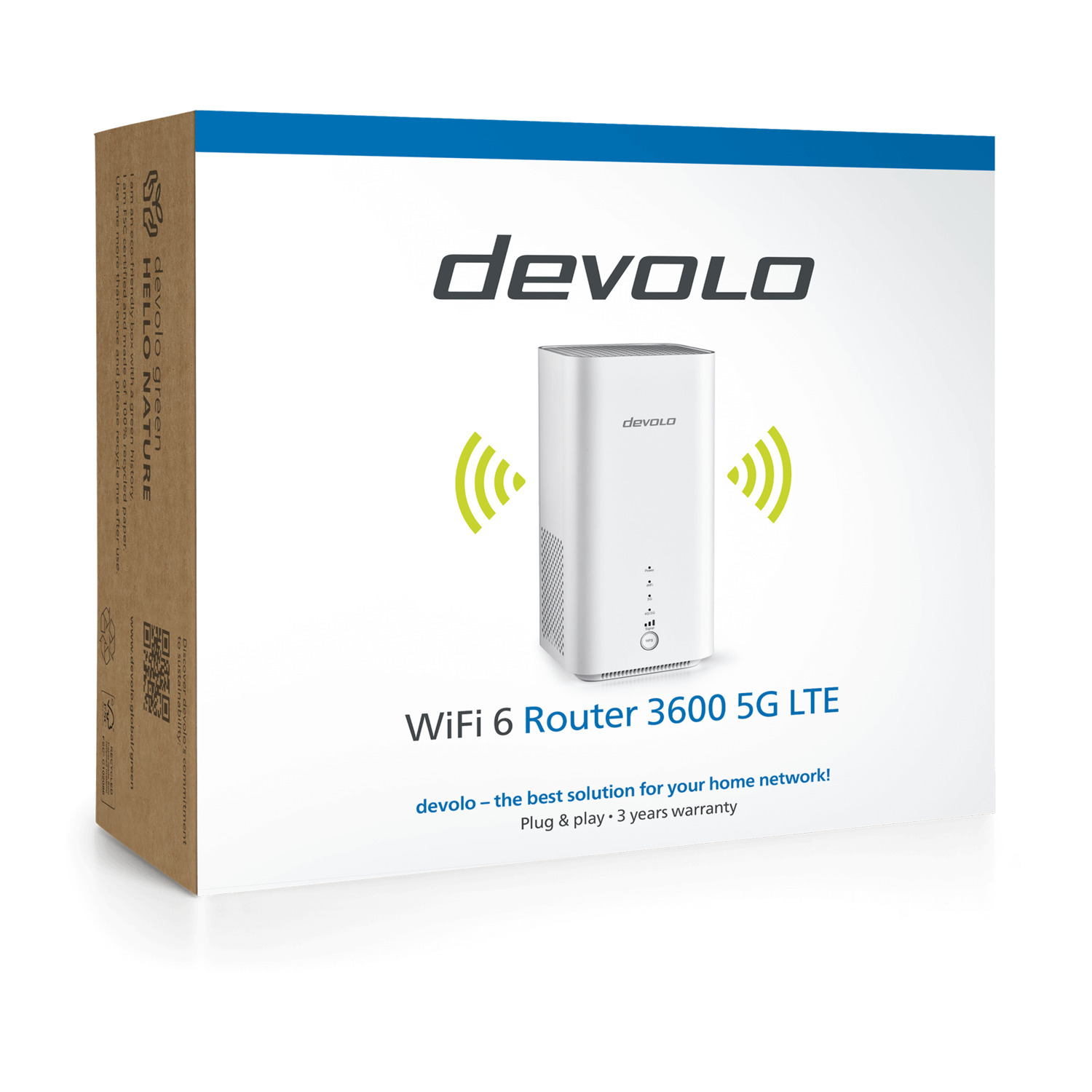 Routeur Devolo blanc sur sa boîte. Le texte indique 'WiFi 6 Router'. La boîte a des accents verts et un code QR.