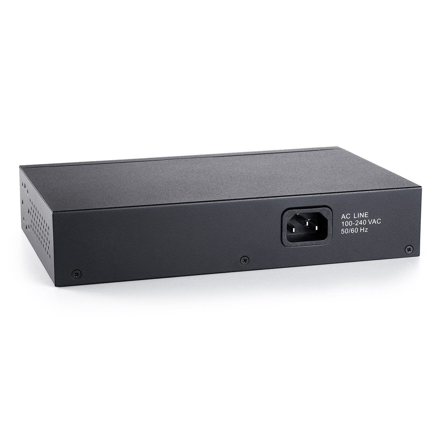 Appareil électronique noir avec une entrée d'alimentation CA sur une surface blanche. Texte : AC LINE 100-240 VAC 50/60 Hz.