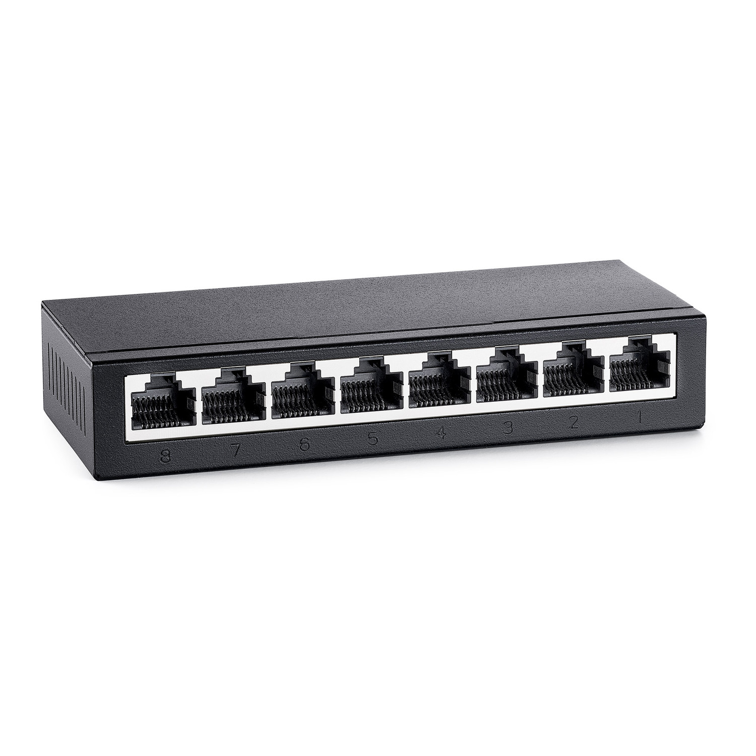 A black network switch with eight ports is on a white background. Each port is numbered. The switch is rectangular.