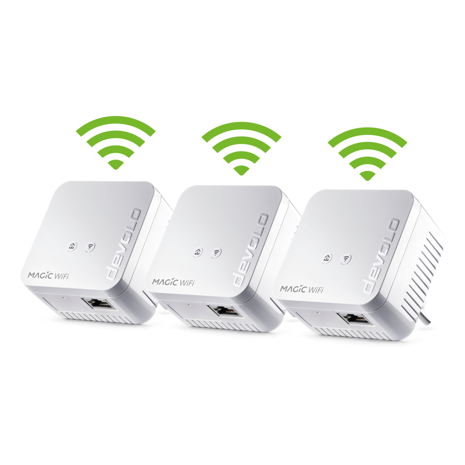 Trois appareils devolo Magic WiFi blancs avec des signaux WiFi verts. Chacun a un port et une prise.