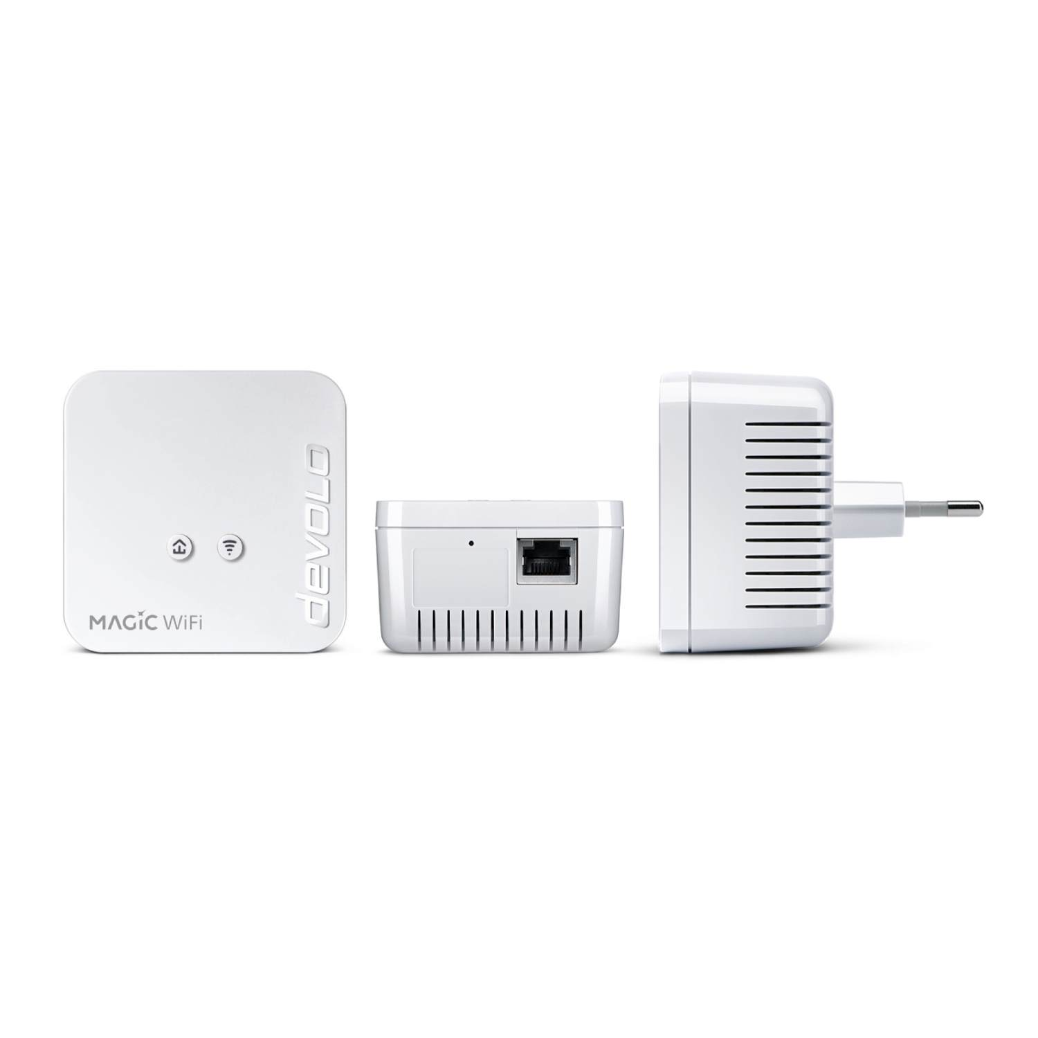 Trois appareils WiFi Devolo Magic blancs. Un carré avec des icônes, un rectangulaire et un avec une prise.
