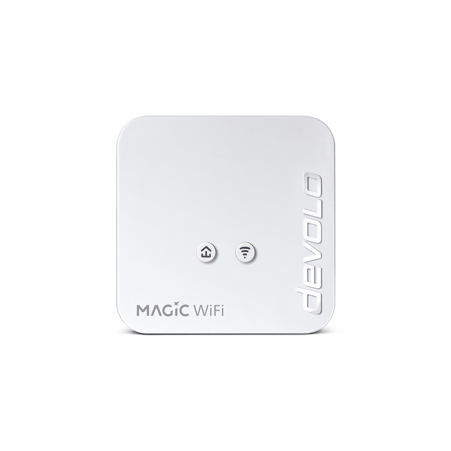 Un appareil Magic WiFi blanc avec deux boutons, un symbole de maison et un symbole wifi, et le logo Devlo.