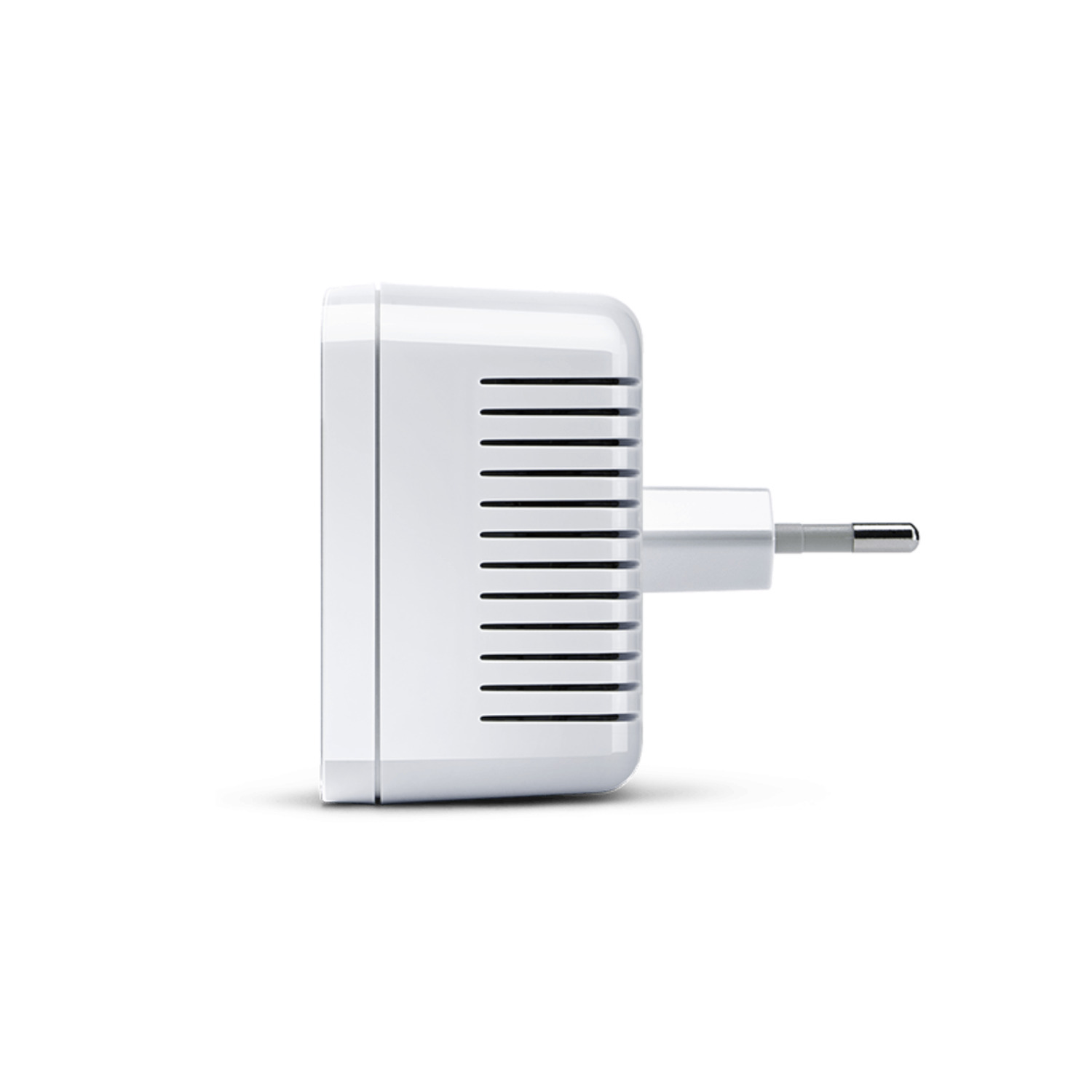Un adaptateur électrique blanc avec une prise sur fond blanc. L'adaptateur a des lignes noires et une broche argentée.