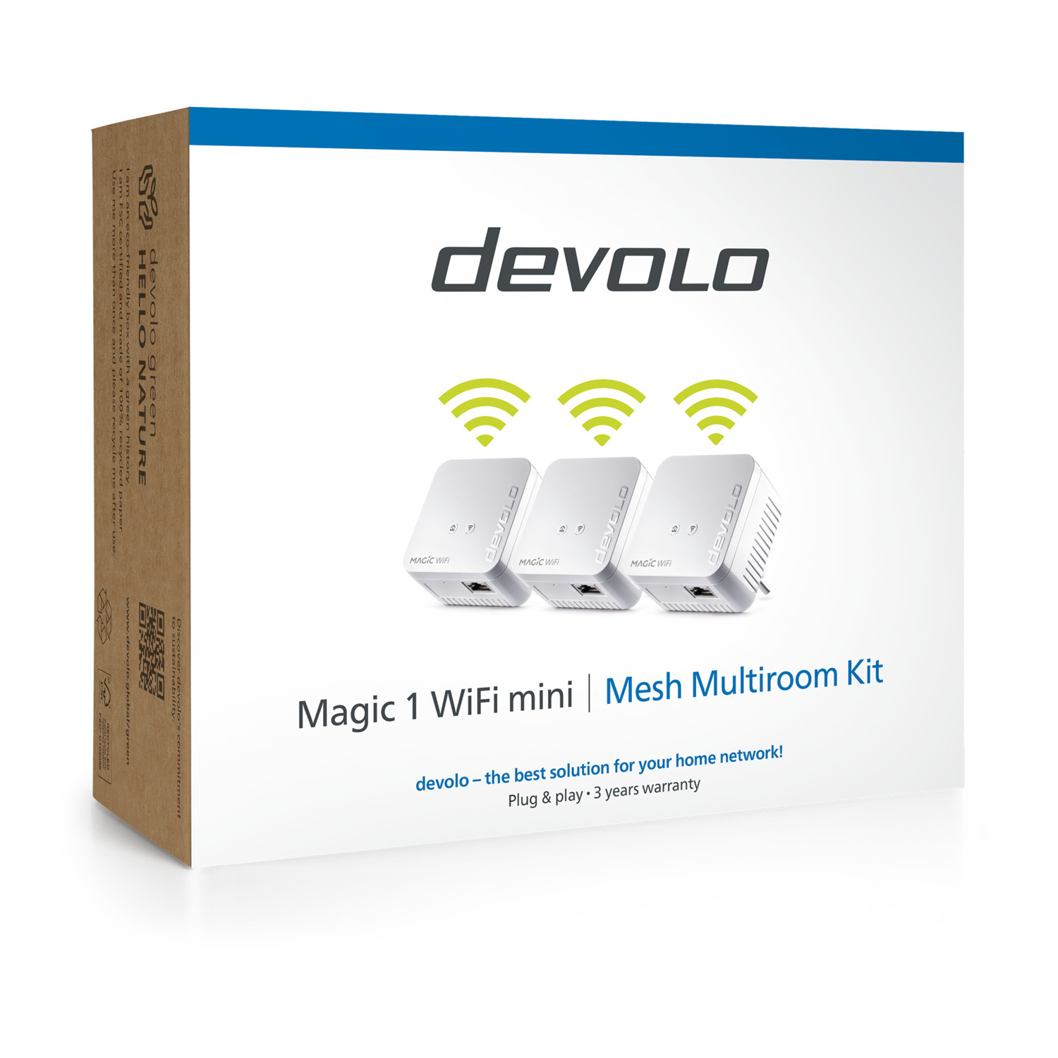 Boîte avec 'devolo' et nom du produit, 'Magic 1 WiFi mini'. Montre trois appareils Wi-Fi avec des icônes de signal Wi-Fi.