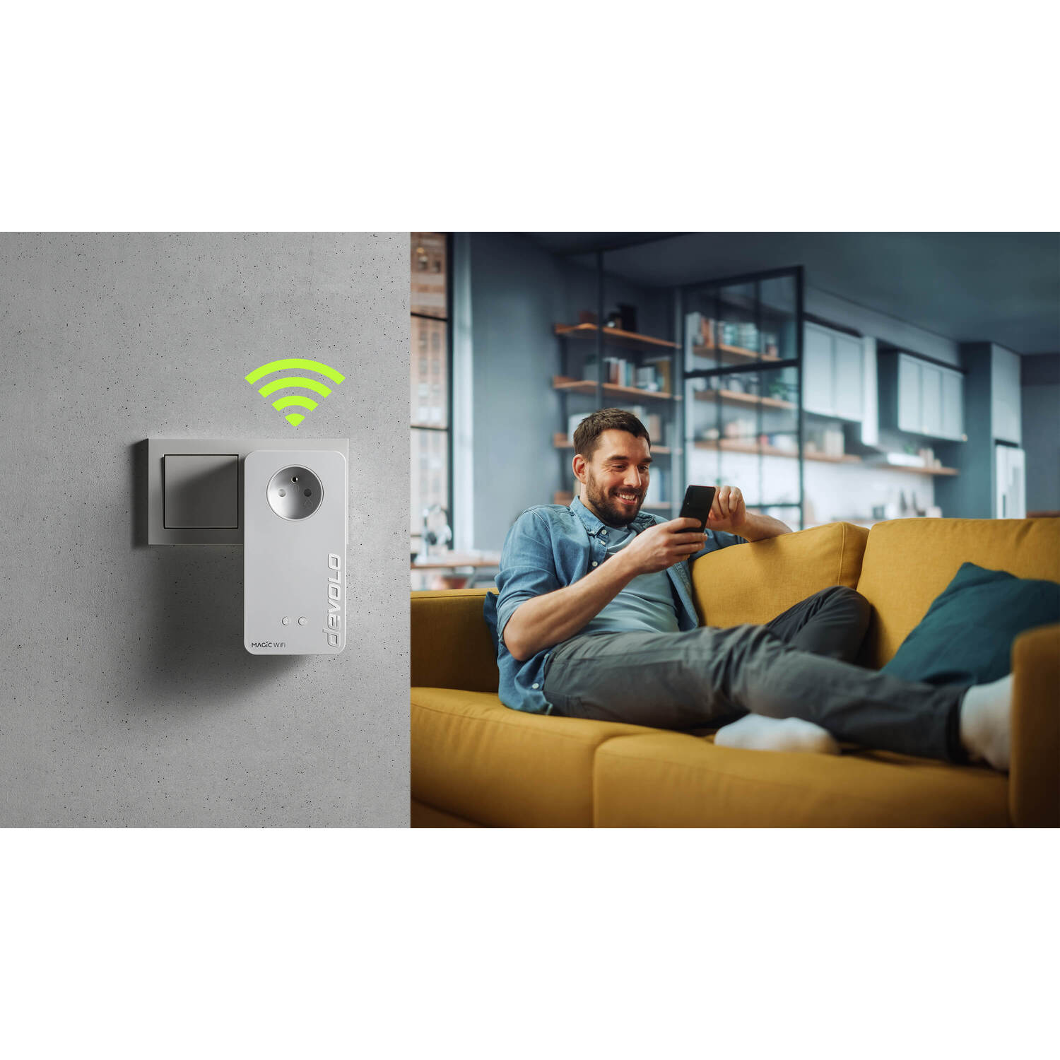 Man on yellow sofa using phone. A Wi-Fi device is on the wall. Wireless signal is shown.