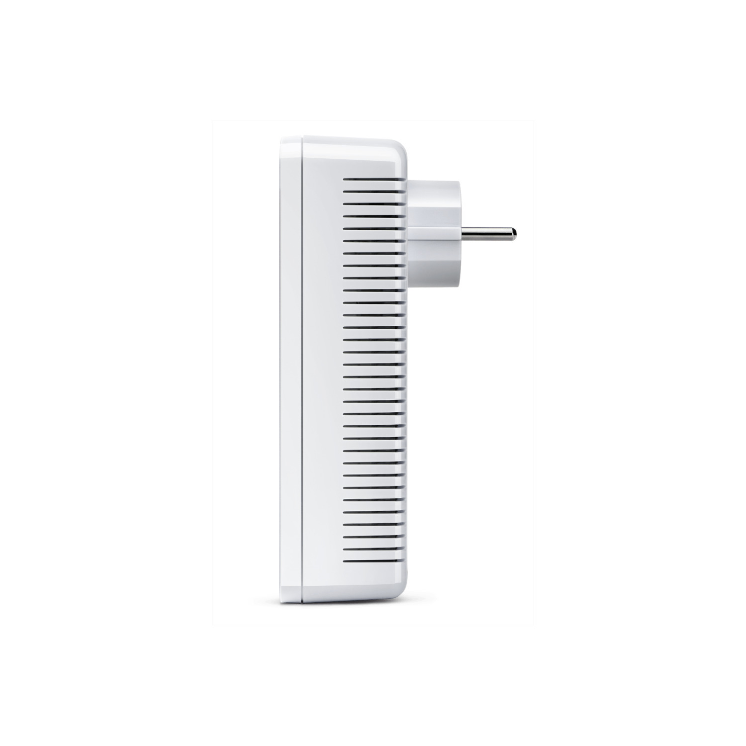 A white powerline adapter with a two-prong plug is on a white background. The adapter has black vent lines.