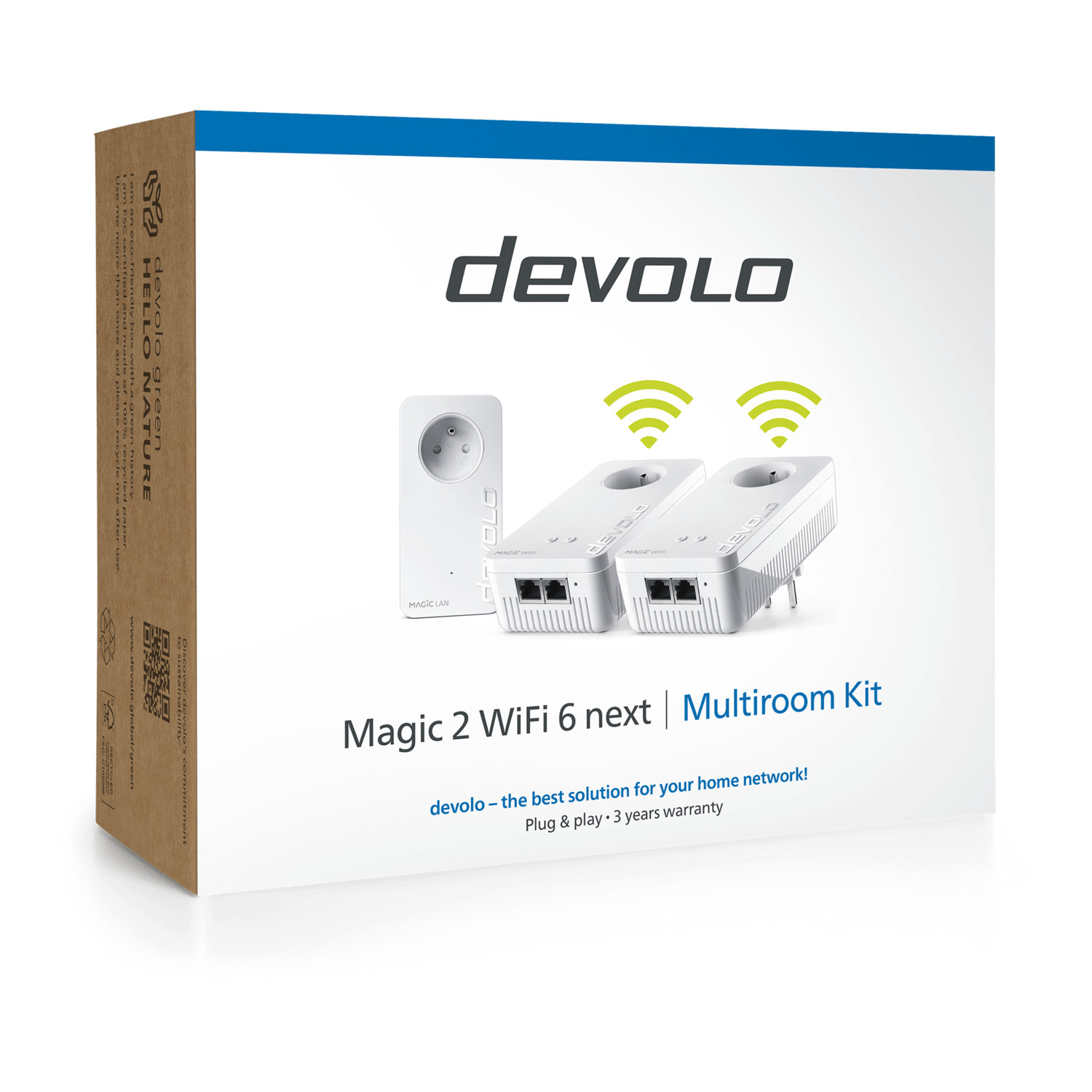 A white box with 'devolo' on it. It shows a powerline adapter set and a single adapter. Text says 'Magic 2 WiFi 6 next'.