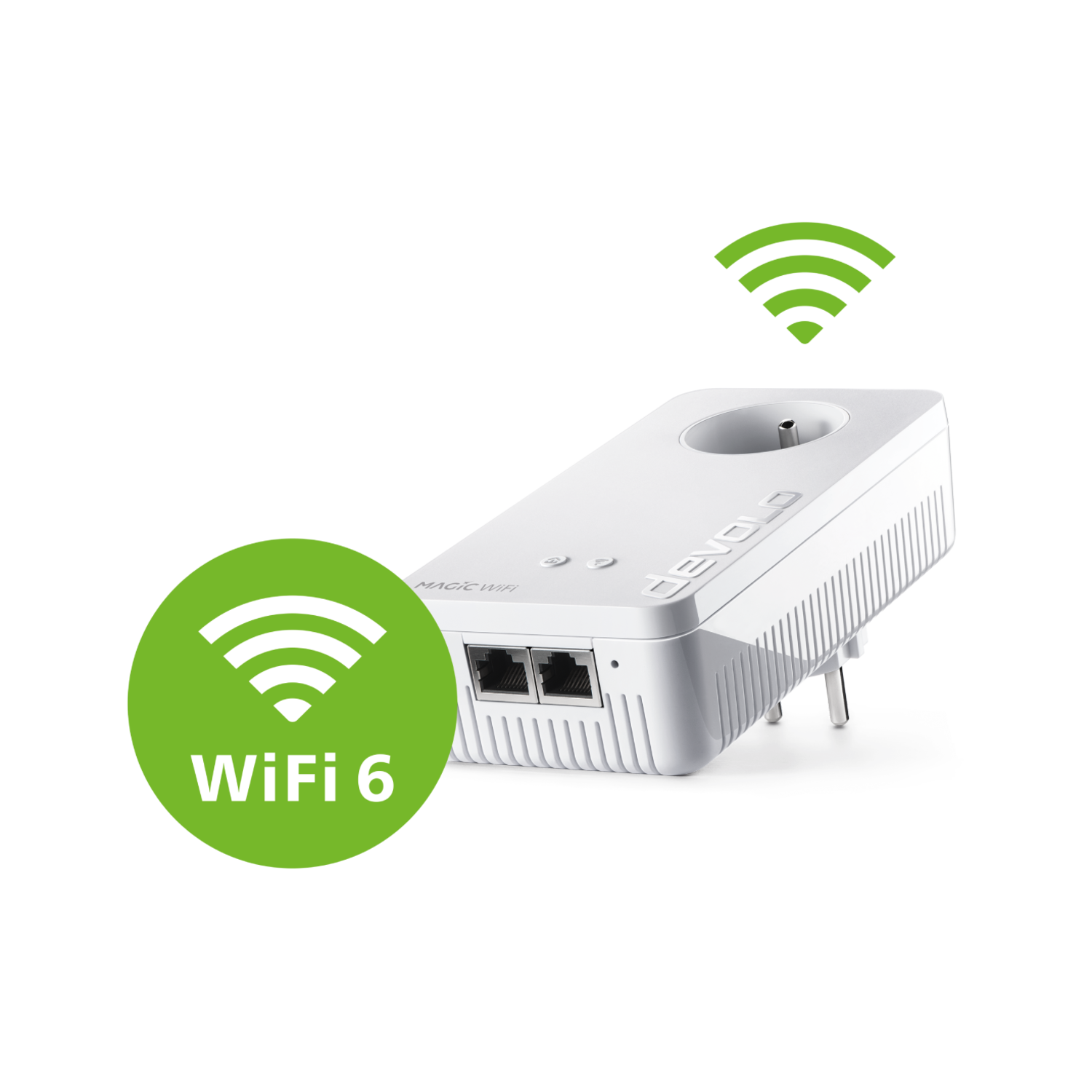 Un adaptateur WiFi 6 blanc avec des symboles WiFi verts. Il possède deux ports réseau et une prise. Le fond est noir.