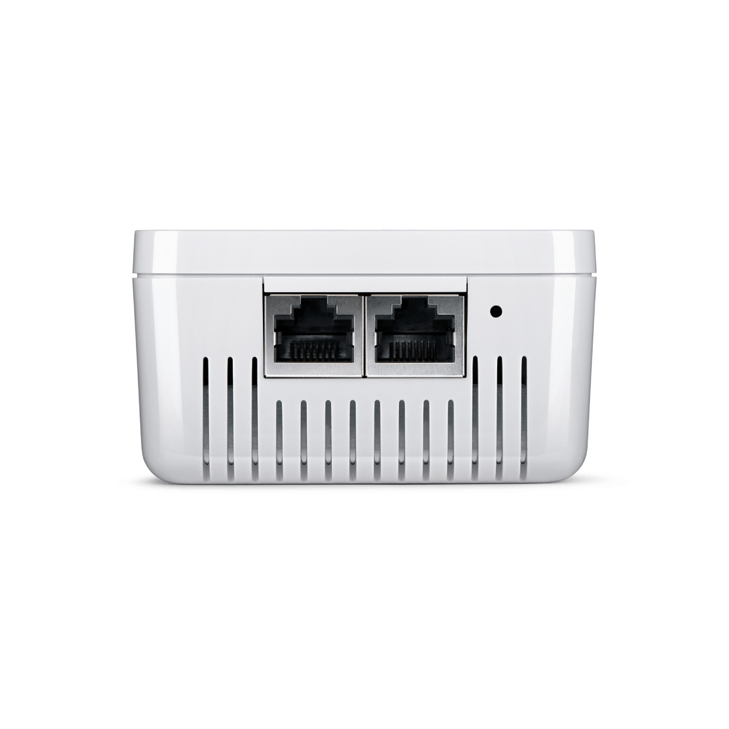 Un appareil blanc avec deux ports Ethernet noirs et des fentes d'aération verticales. Le fond est blanc.