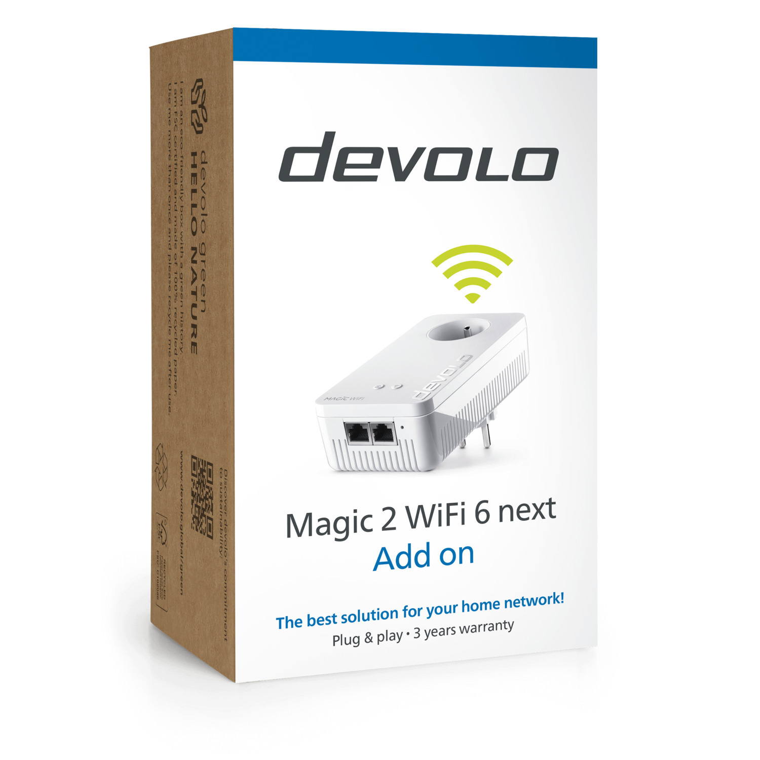 Une boîte de produit avec un extenseur Wi-Fi blanc. Elle porte le logo "devolo" et le nom du produit. Les côtés de la boîte sont bruns.