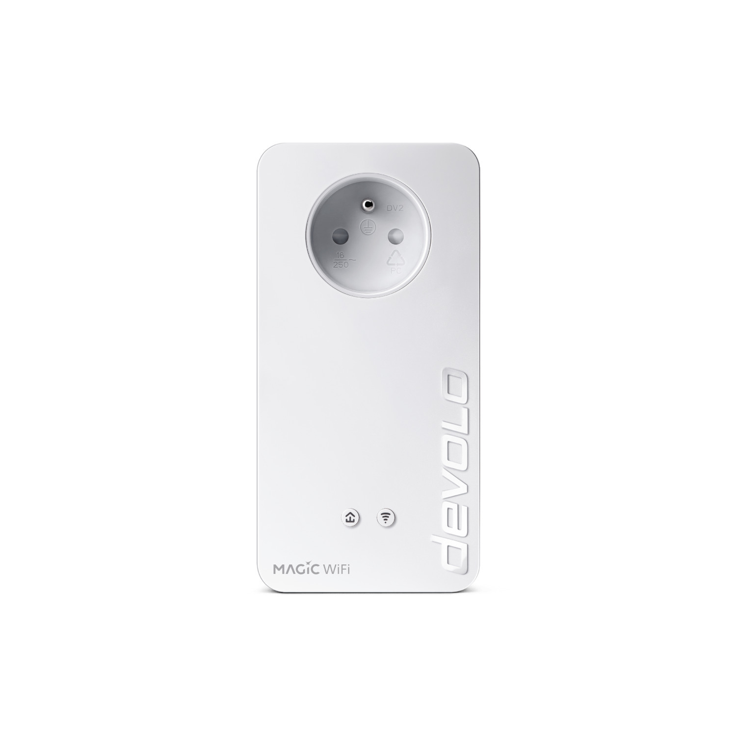 A white devolo Magic WiFi adapter. It has a power outlet and Wi-Fi symbols.