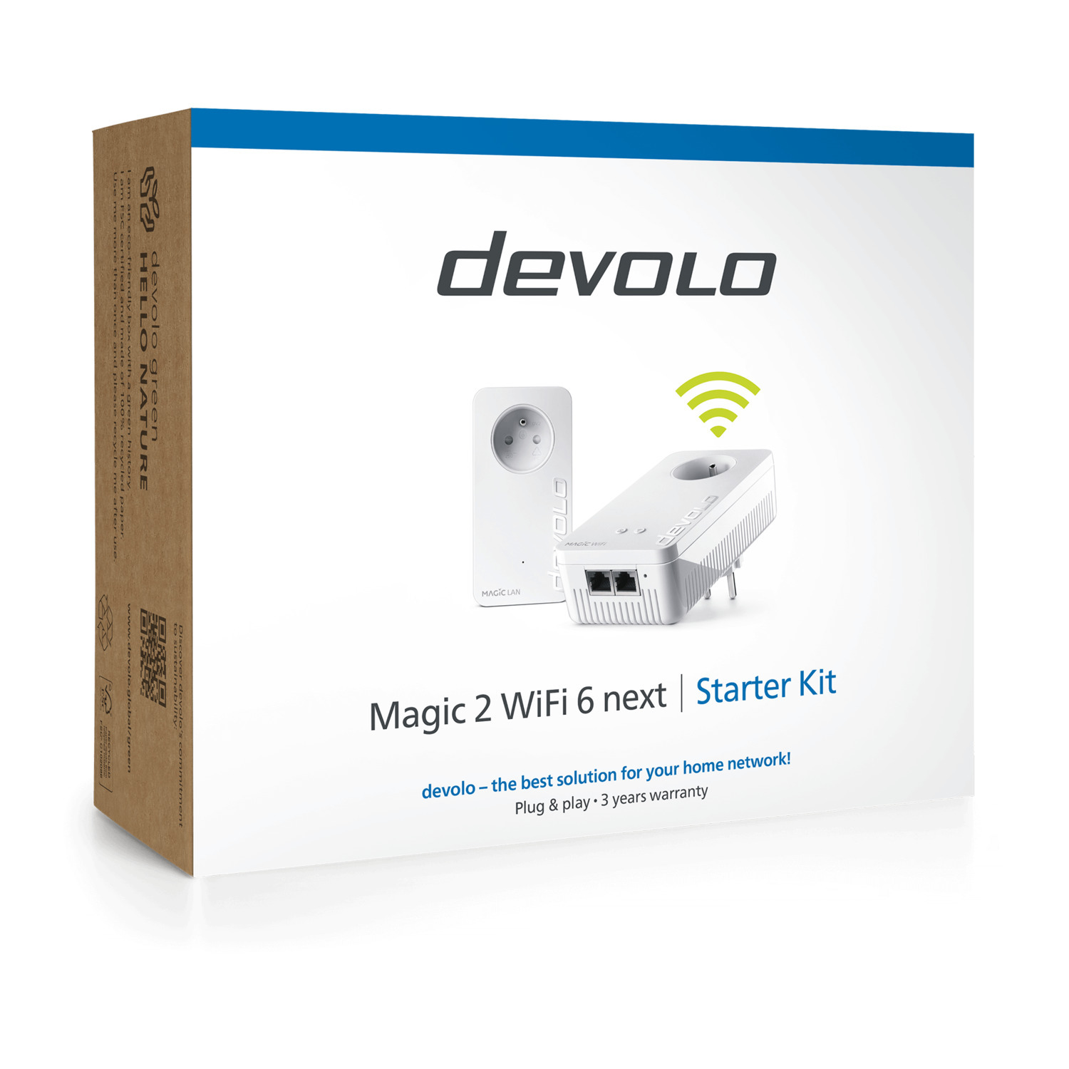 A white box shows devolo Magic 2 WiFi 6 next Starter Kit. It features two white devices, a plug and a router, with a wifi signal icon.