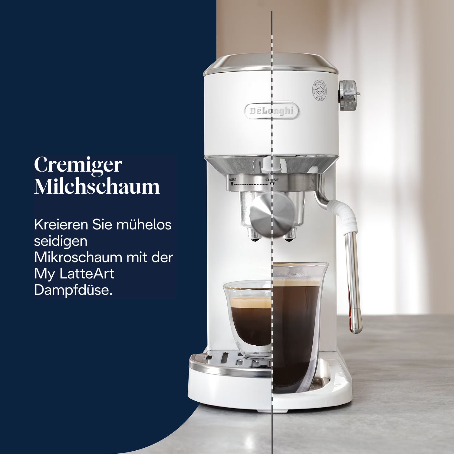 Eine weiße DeLonghi Espressomaschine mit einem Glas Kaffee. Text: Cremiger Milchschaum, My LatteArt Dampfdüse.