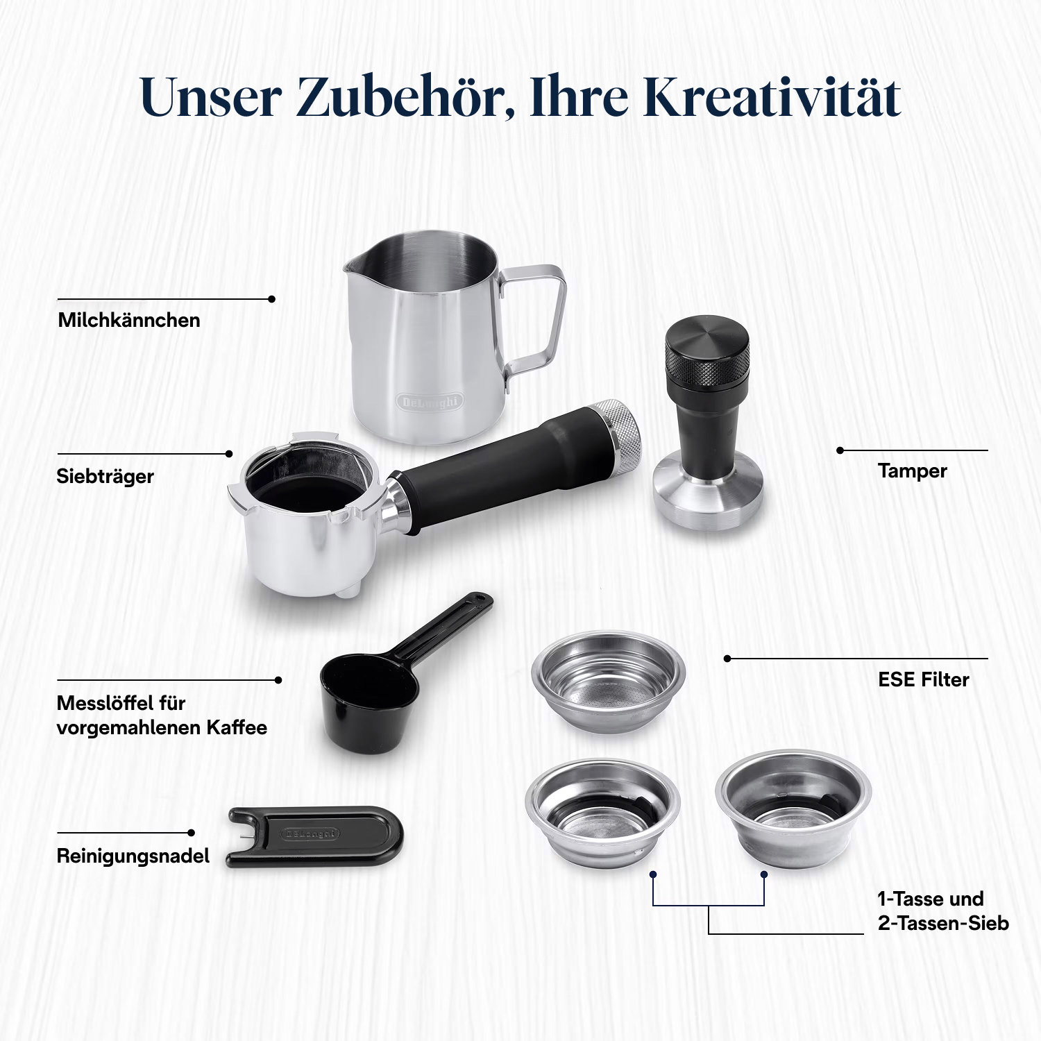 Kaffeemaschinenzubehör: Milchkanne, Siebträger, Tamper, Filter, Messlöffel, Reinigungsnadel und Siebe auf weißer Oberfläche angeordnet.