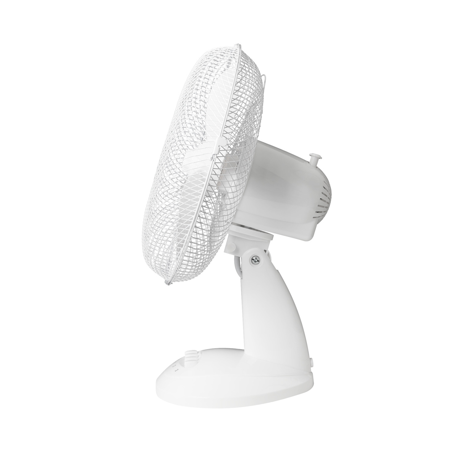 A white electric fan is positioned on a white surface. The fan has a protective grill and adjustable head.