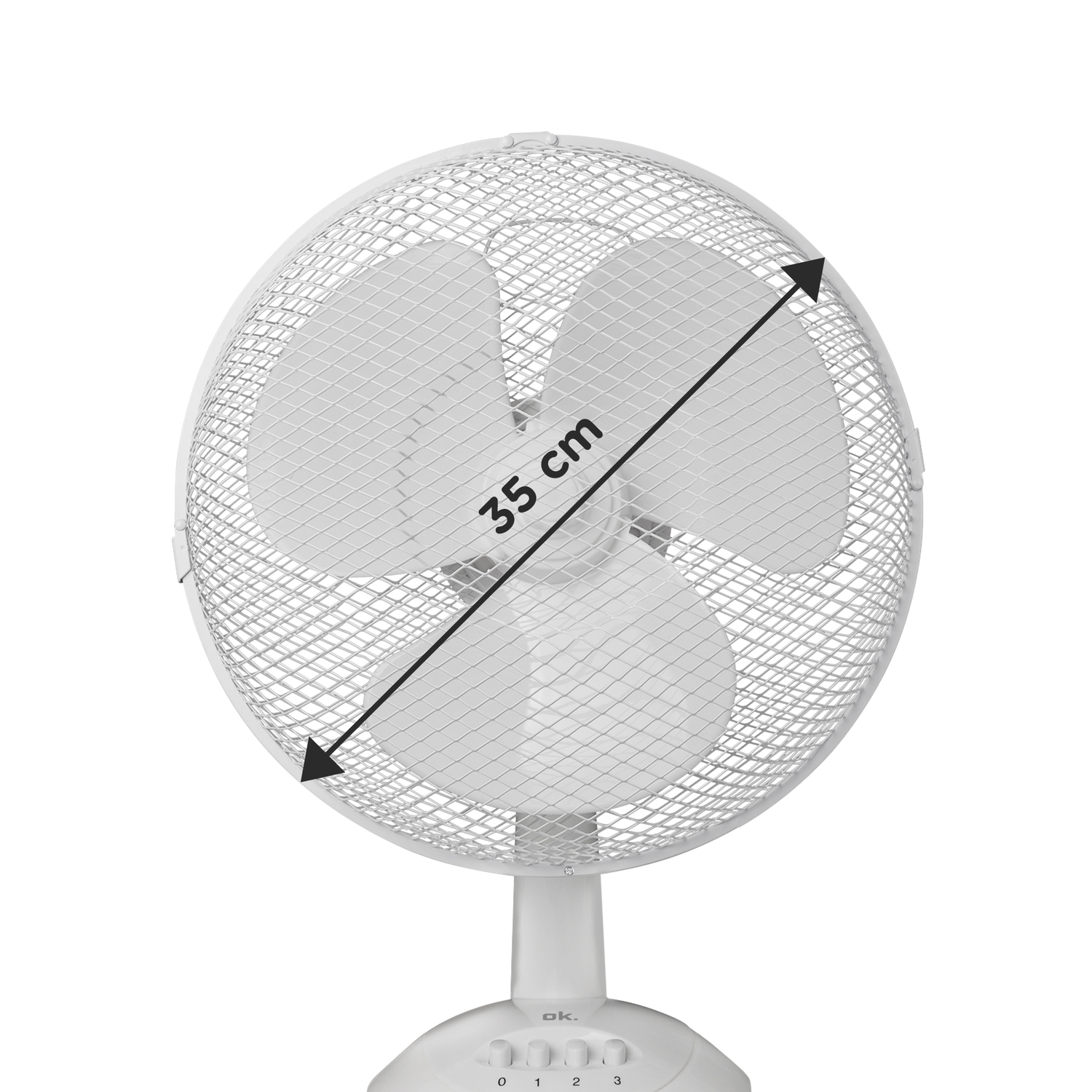A white electric fan with a 35 cm measurement label. The fan has a protective grill, three blades, and a control panel.