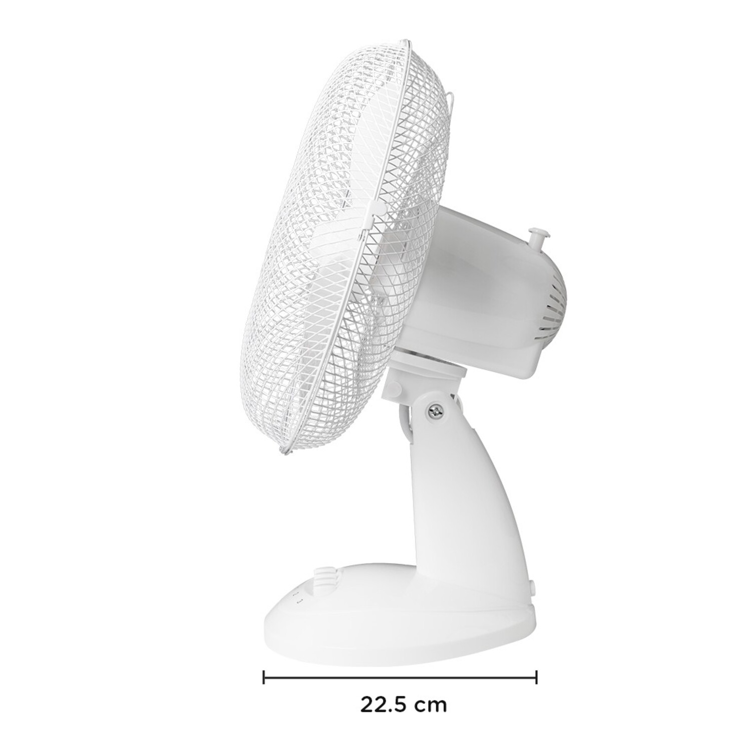 A white electric fan. The fan is turned off, and has a cage around the blades. It is placed on a white surface.