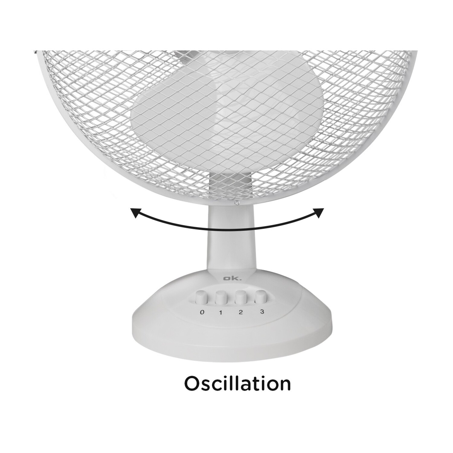 A white oscillating fan with four speed settings, labeled 0-3. The fan is against a white background, with "Oscillation" text below.