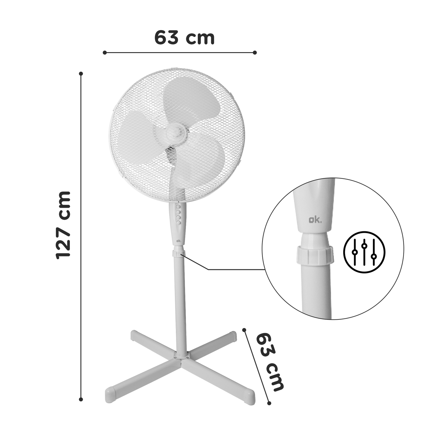 A white stand fan with a round head, protected by a grid. Measurements are provided: 127cm height, 63cm width.