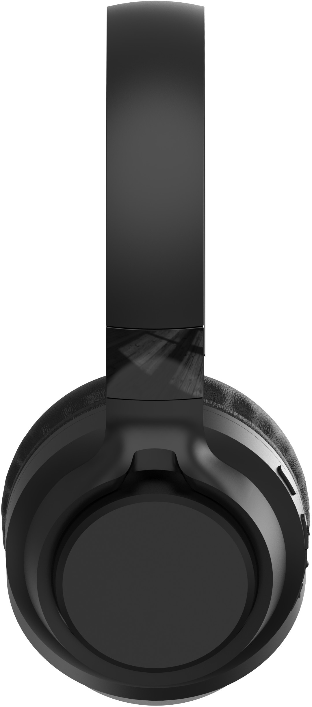 Zbliżenie czarnych słuchawek. Pałąk jest wyprostowany, a nauszniki okrągłe. Powierzchnia jest gładka i błyszcząca.