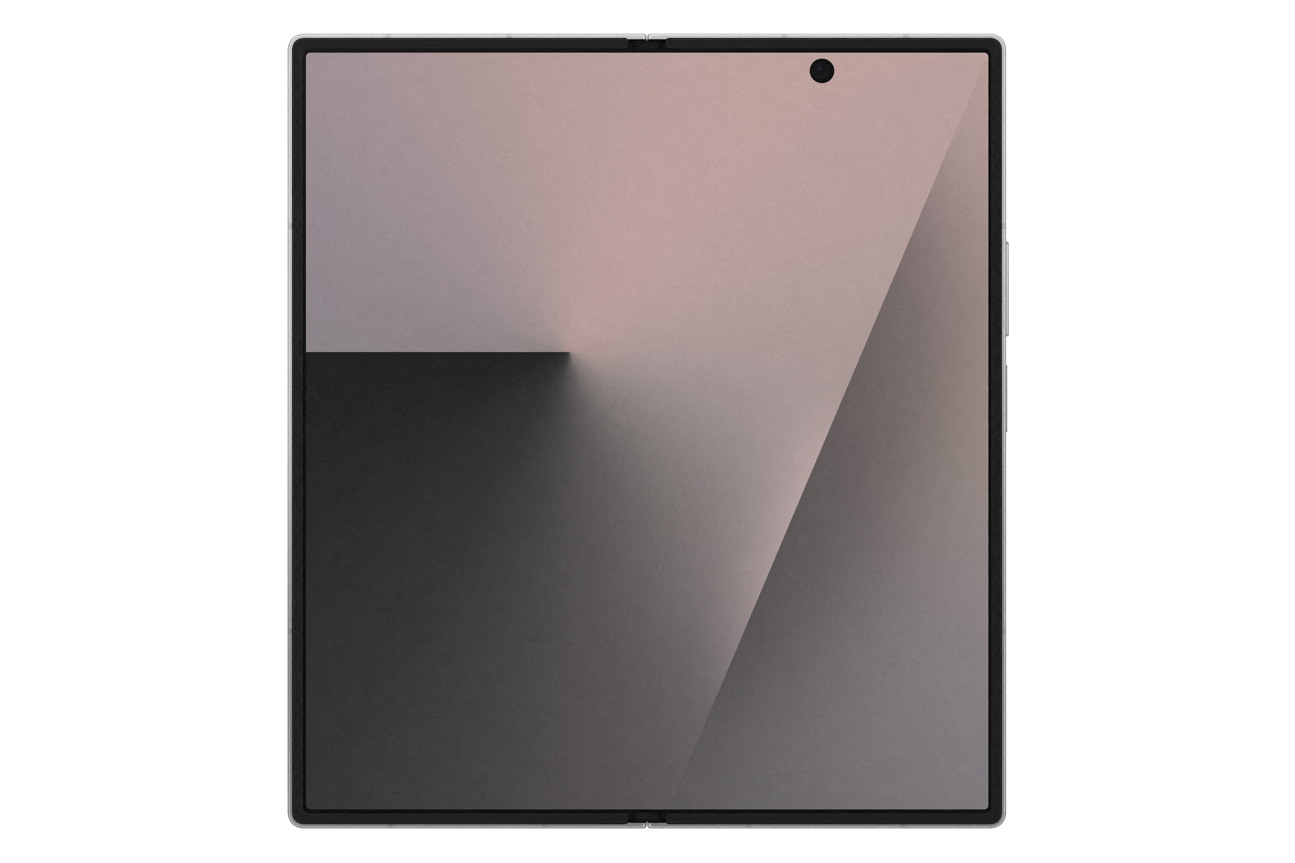 Ein gefaltetes Tablet zeigt eine Farbverlaufsfläche. Eine Kamera ist sichtbar. Der Hintergrund ist schwarz.