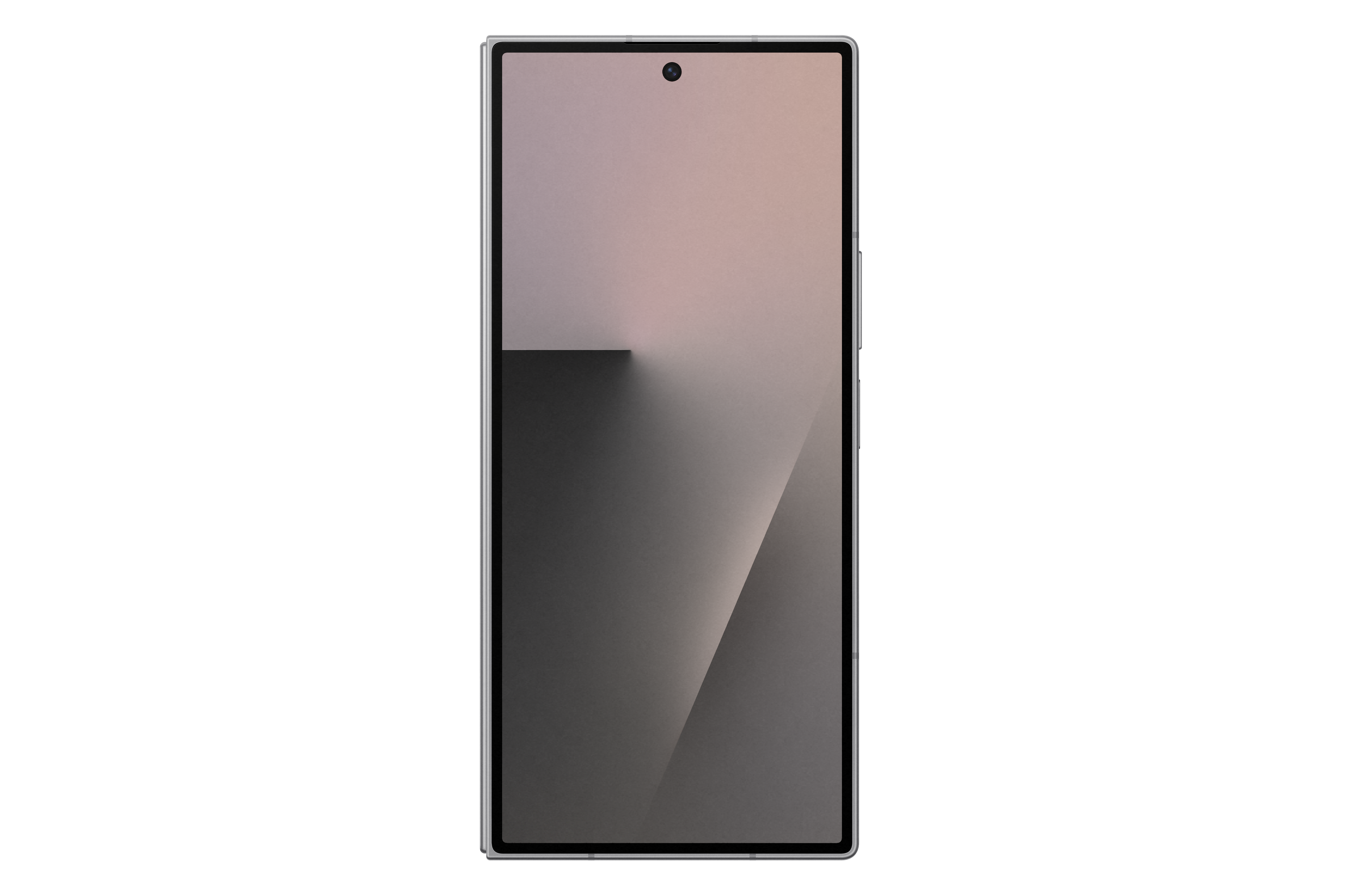 Ein Smartphone vor schwarzem Hintergrund. Der Bildschirm zeigt einen Farbverlauf. Das Gerät hat eine Frontkamera.