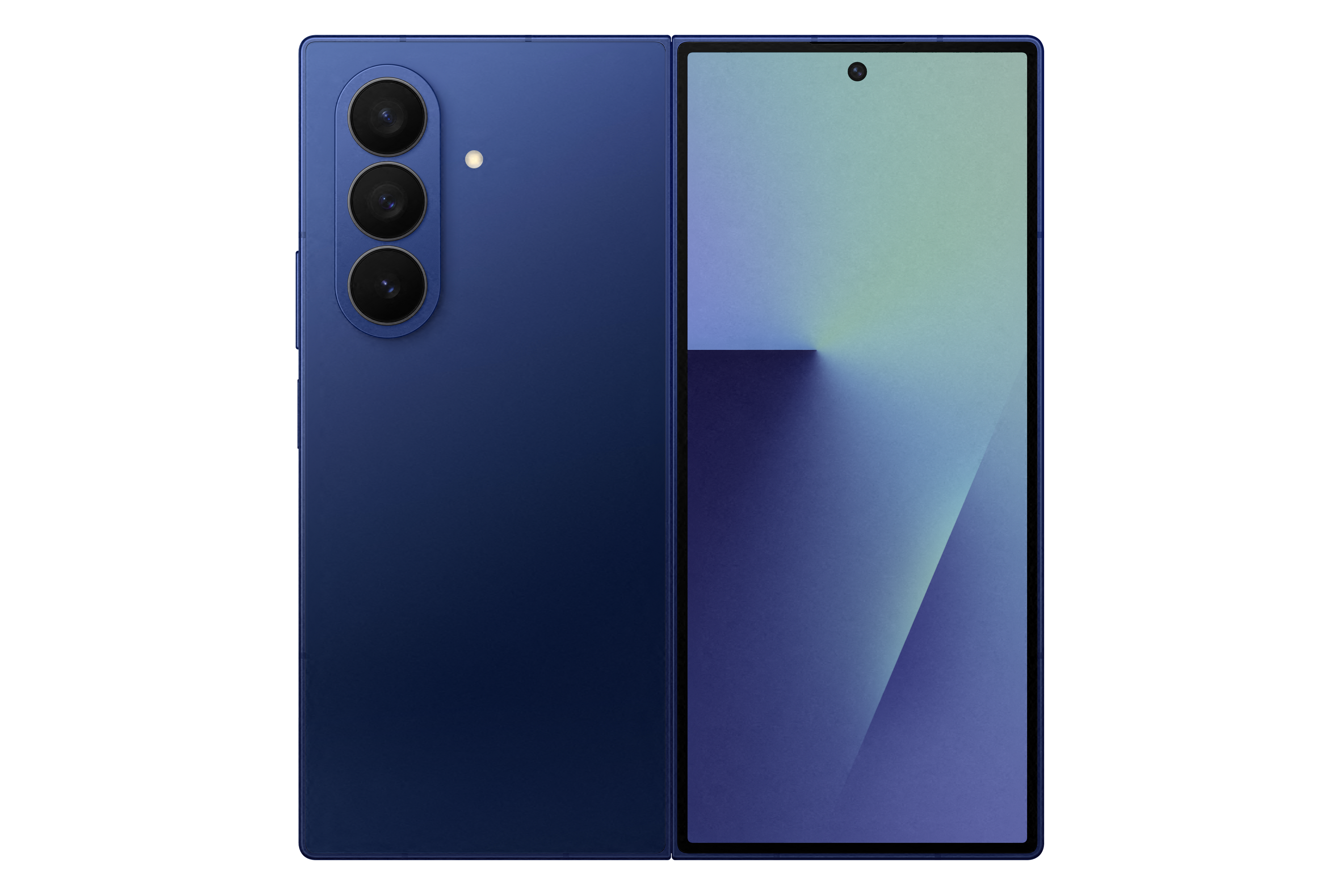 Ein blaues faltbares Telefon ist geöffnet und zeigt den Bildschirm. Die Rückseite hat drei Kameras. Der Hintergrund ist schwarz.