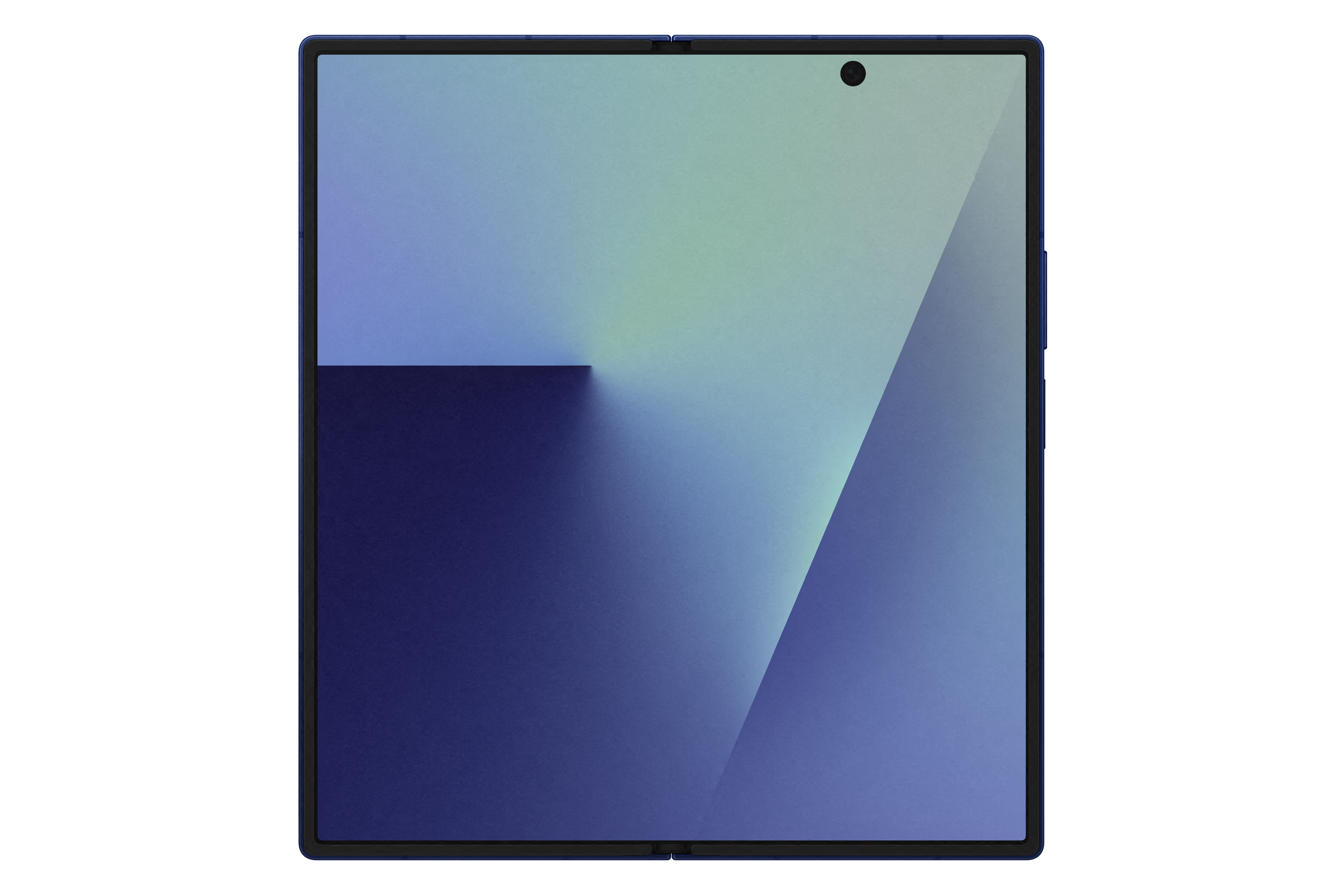Faltbares Tablet, blauer Rahmen, Farbverlauf-Bildschirm mit Blau- und Grüntönen, schwarzer Hintergrund.