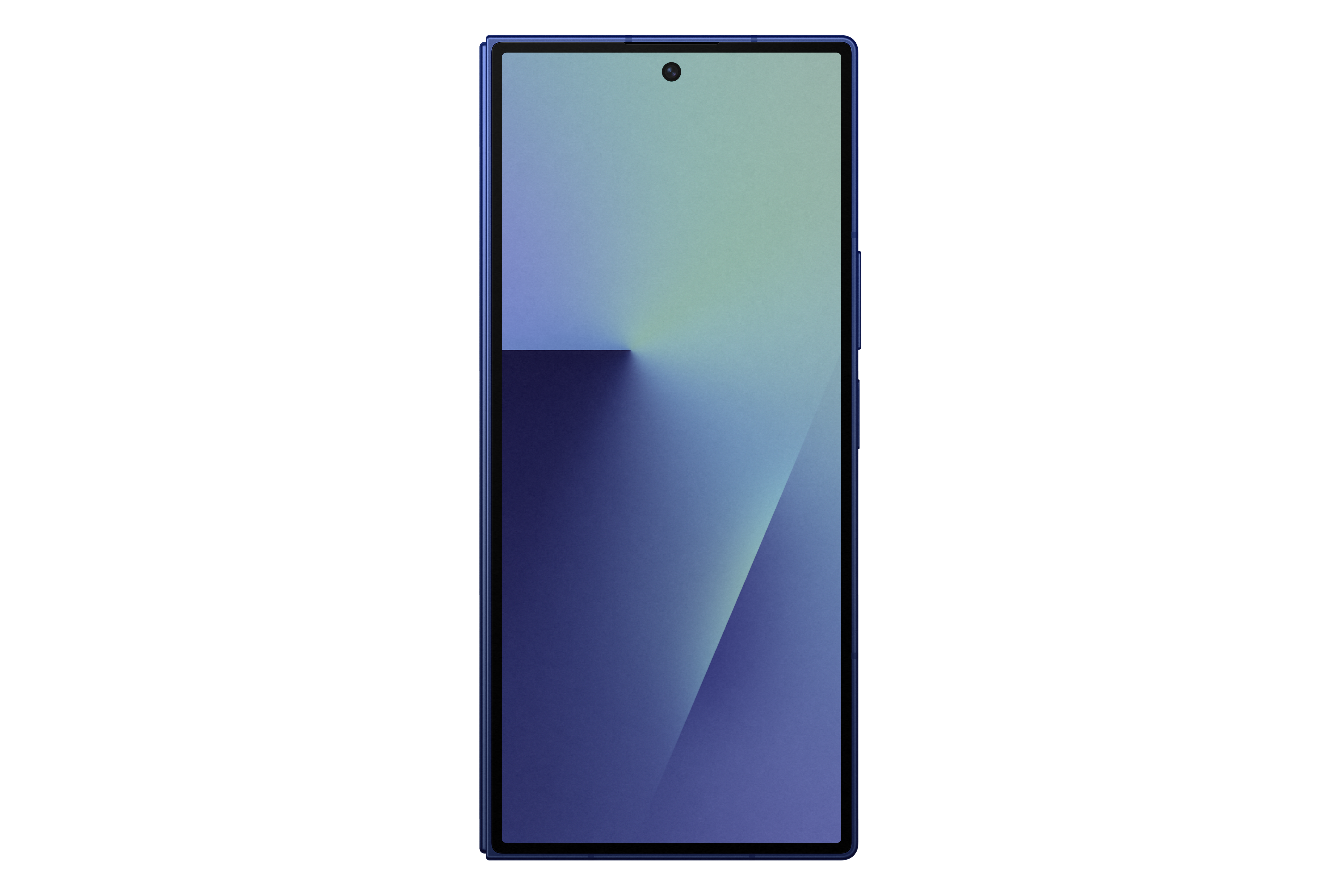 Blaues Smartphone auf schwarzem Grund, Farbverlauf von Lila zu Grün, zentrierte Kamera.