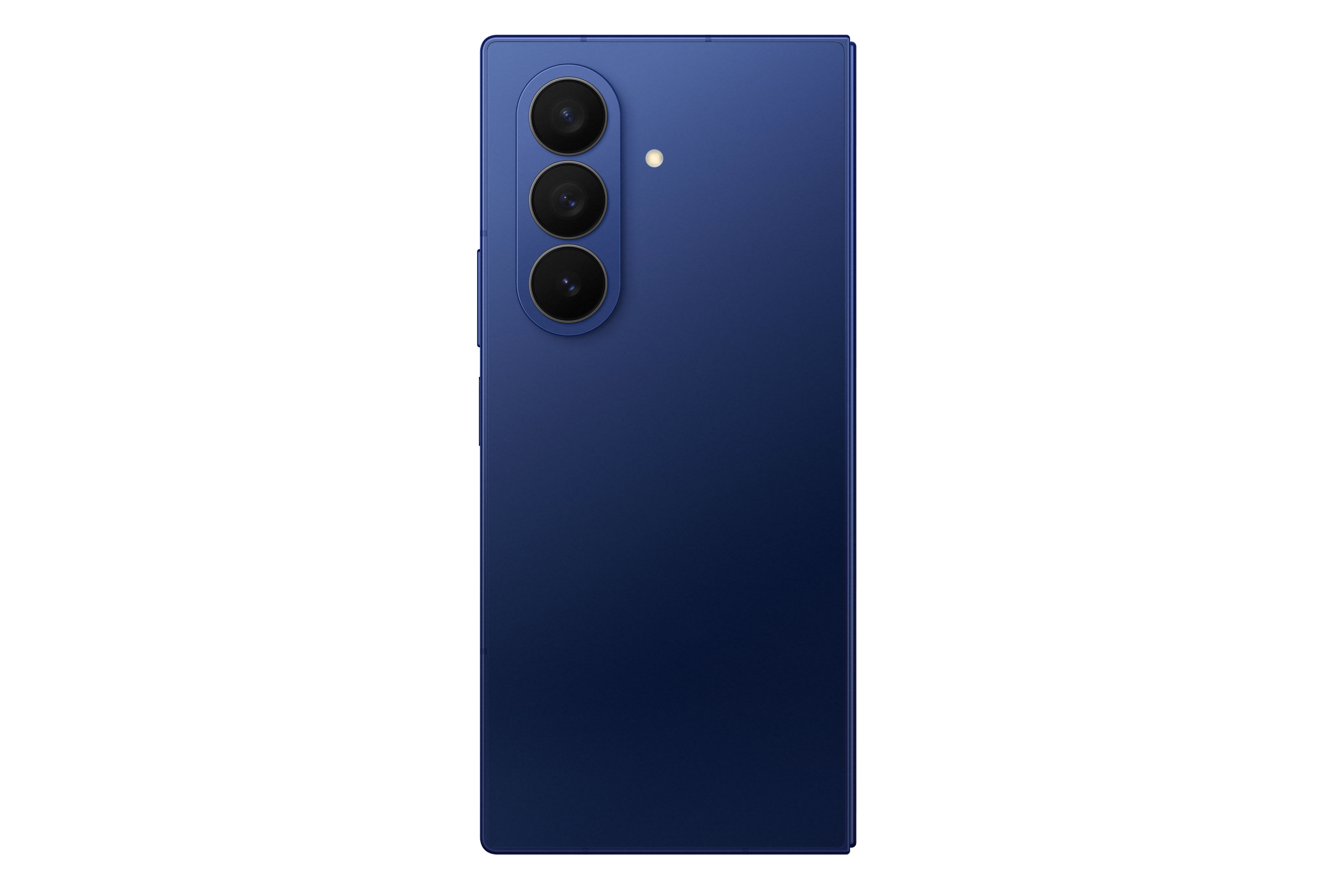 Rückseite eines blauen Smartphones. Drei Kameralinsen und ein Blitz sind sichtbar. Der Hintergrund ist schwarz.