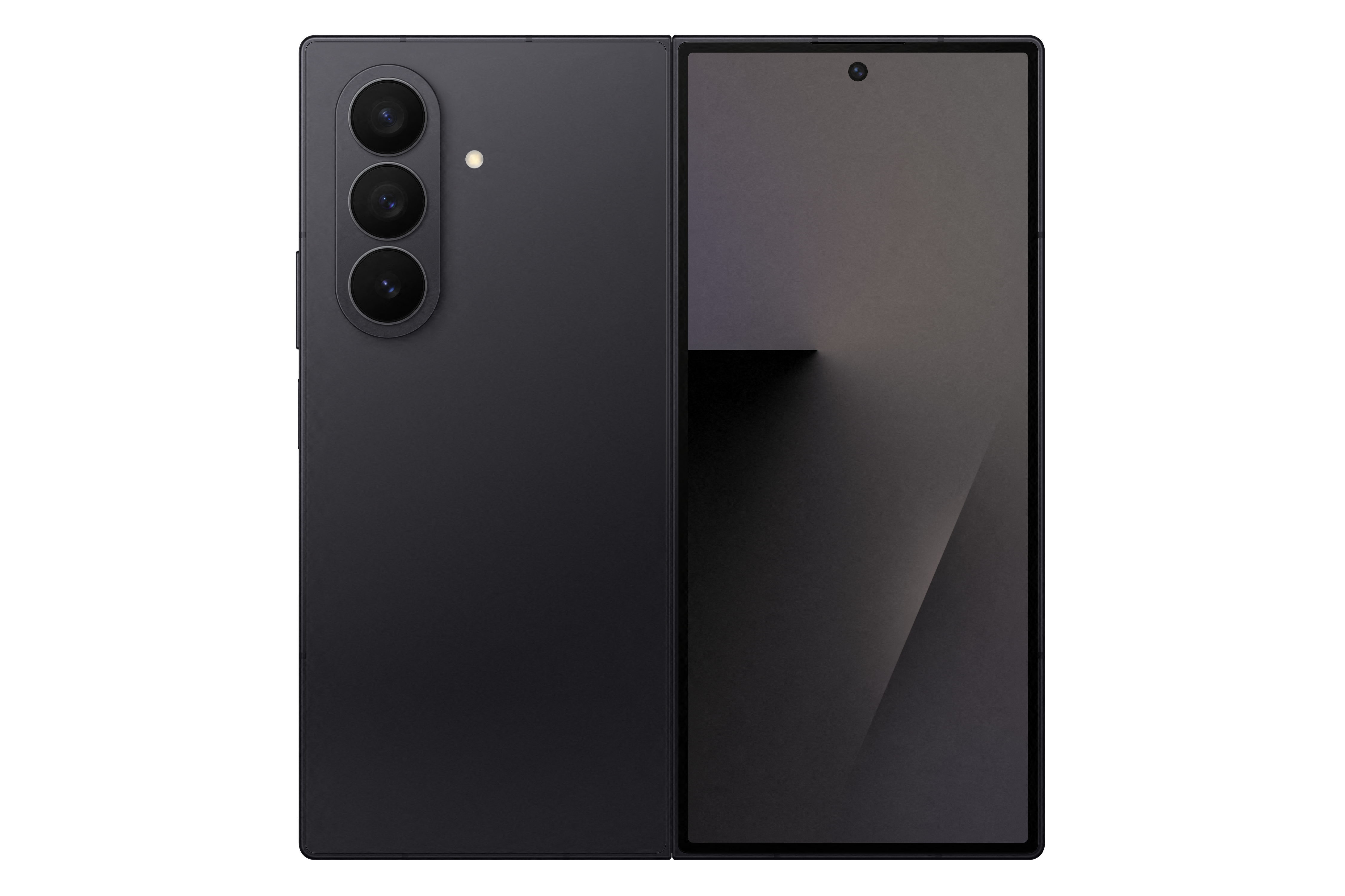 Ein faltbares schwarzes Smartphone ist geöffnet und zeigt einen Bildschirm rechts und Kameras links, alles auf schwarzem Grund.