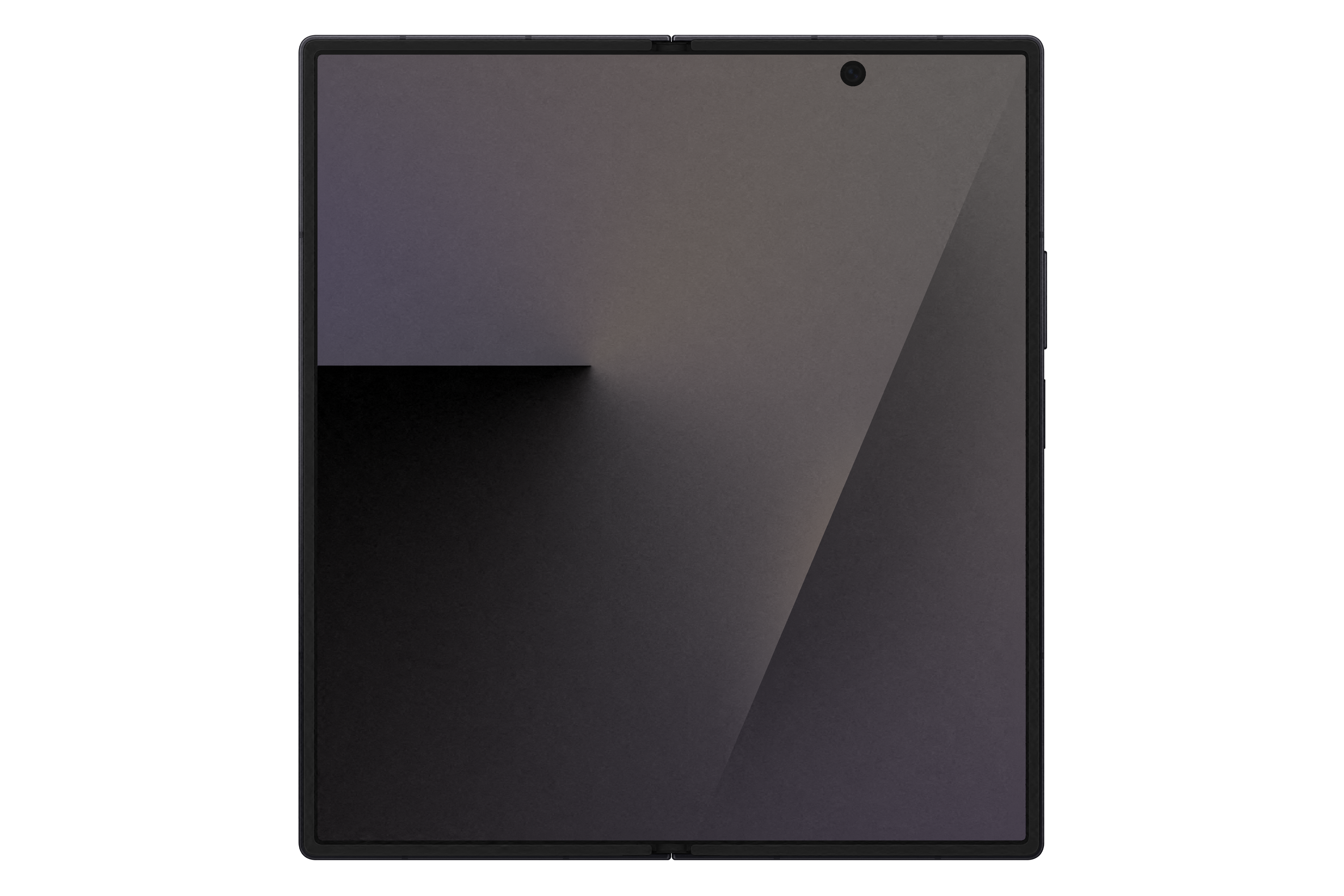 Ein gefaltetes Tablet vor schwarzem Hintergrund. Der Bildschirm ist dunkelgrau mit diagonalen Lichtreflexen.
