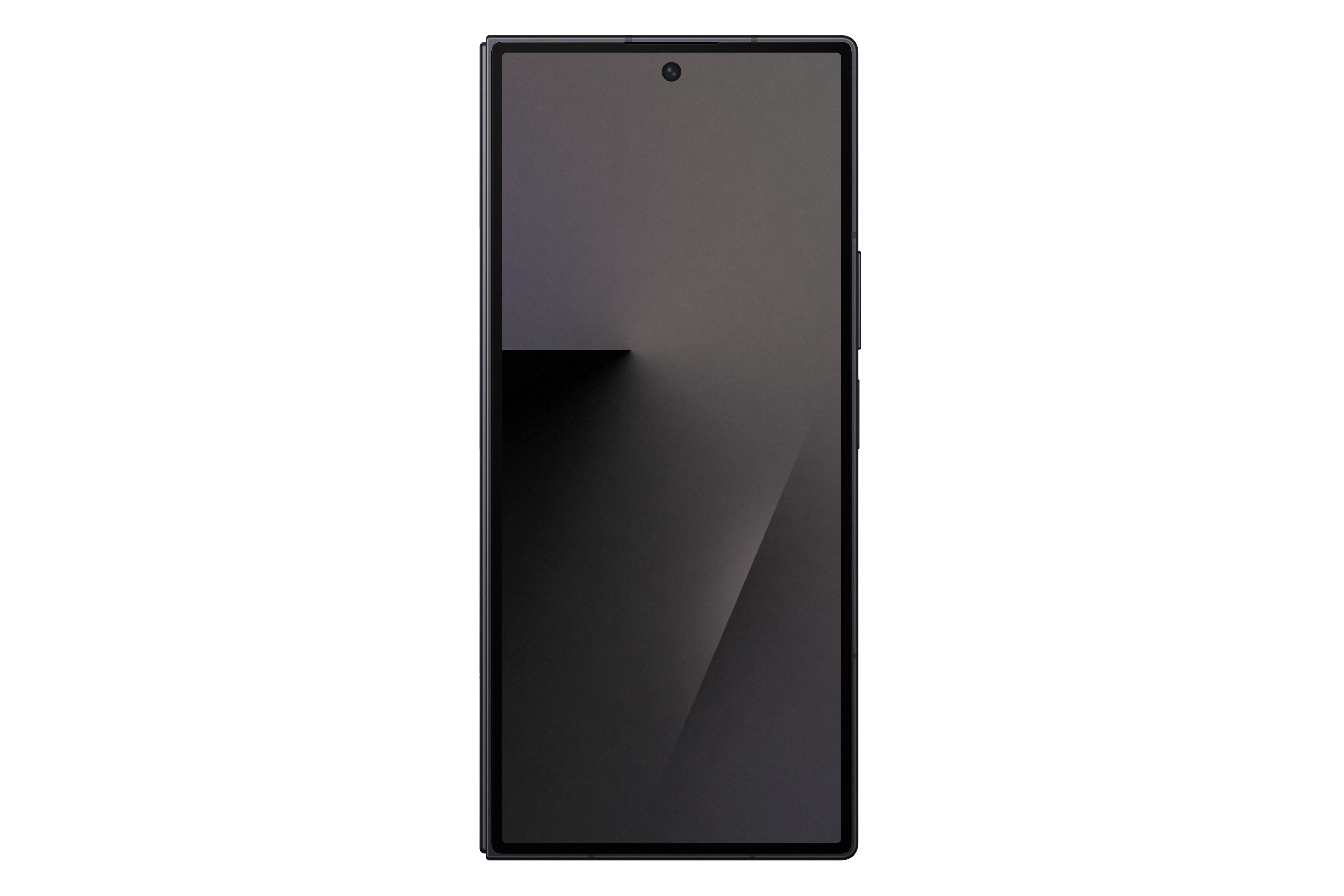 Ein schwarzes Smartphone auf schwarzem Hintergrund. Der Bildschirm zeigt einen Graustufenverlauf.
